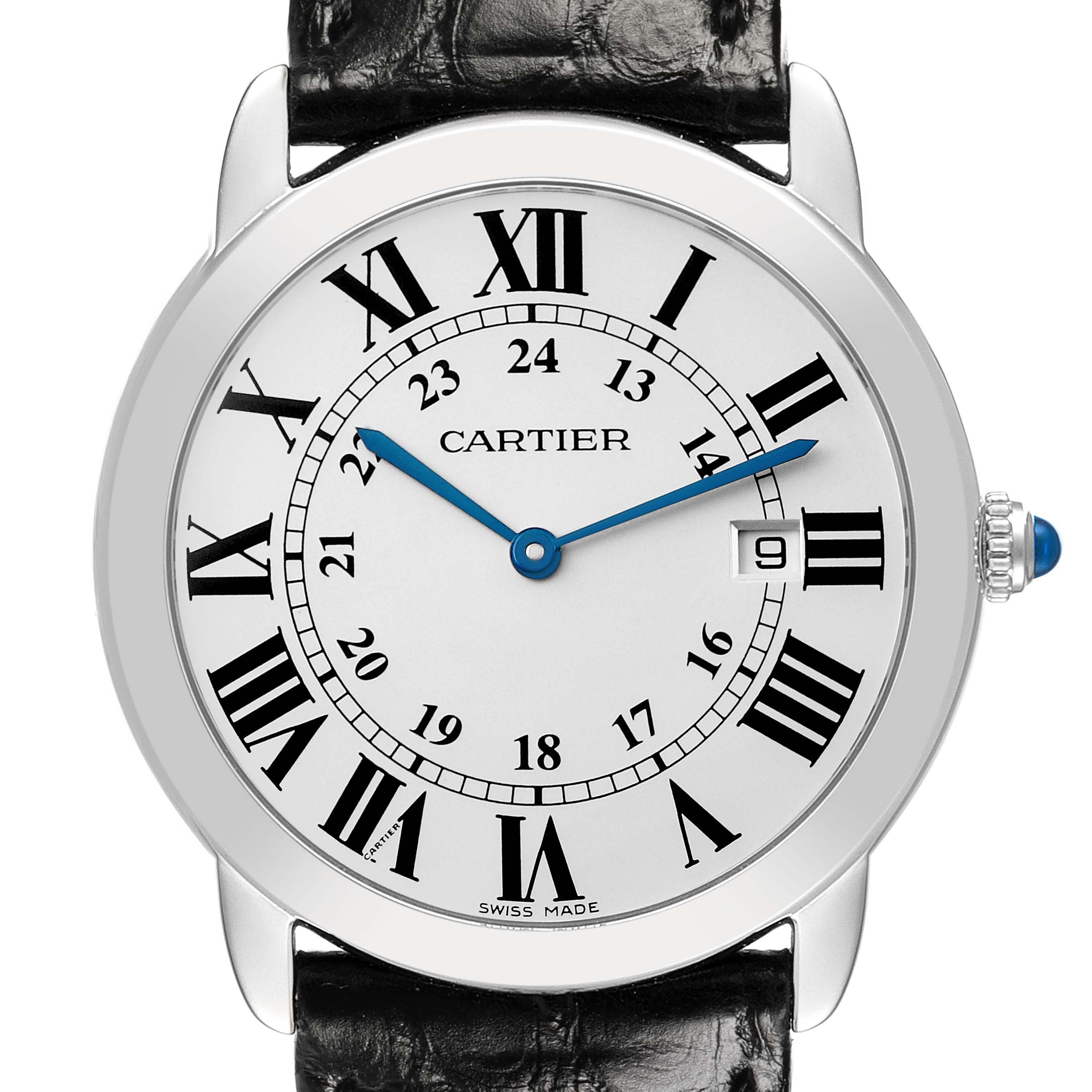 The Cartier Ronde W6700255 Men's Stainless Steel Silver Dial model is shown from a front angle, highlighting its dial, Roman numerals, blue hands, and date window.