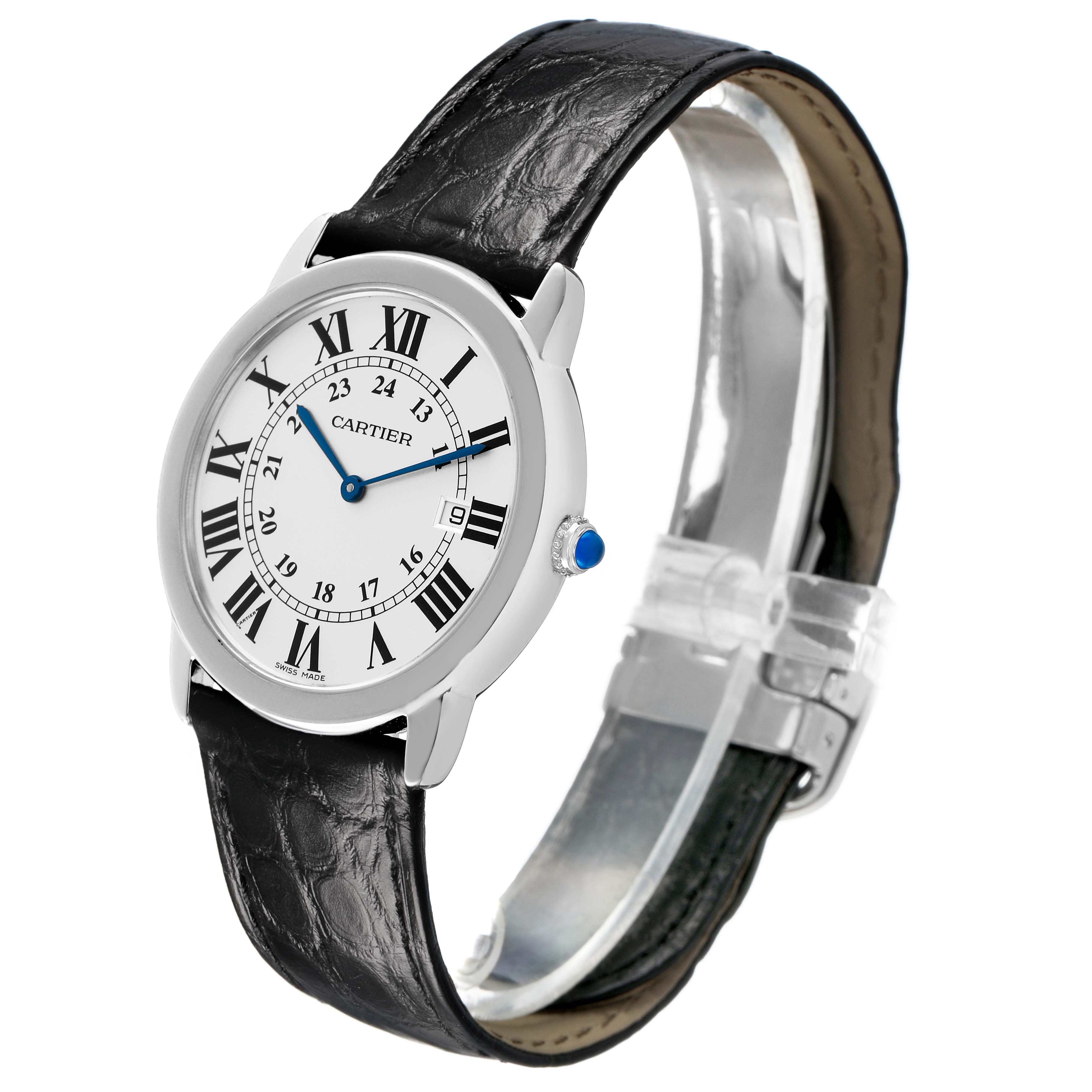 The Cartier Ronde W6700255 Men's Stainless Steel Silver Dial watch is shown at a three-quarter angle, displaying its dial, leather strap, and crown detail.
