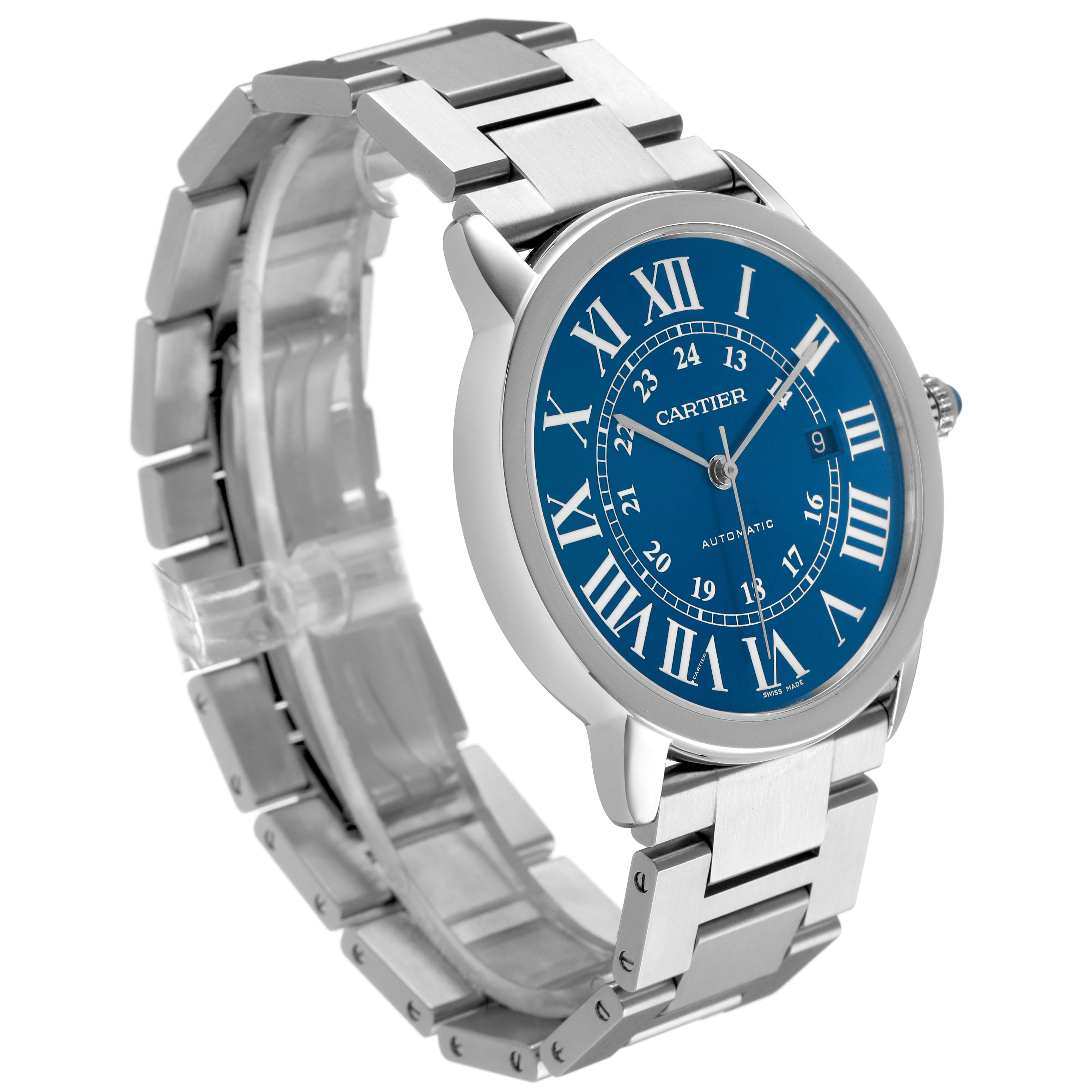 The Cartier Ronde WSRN0023 Men's Stainless Steel Blue Dial watch is shown at a slight angle, displaying its blue dial, Roman numerals, and metal bracelet.