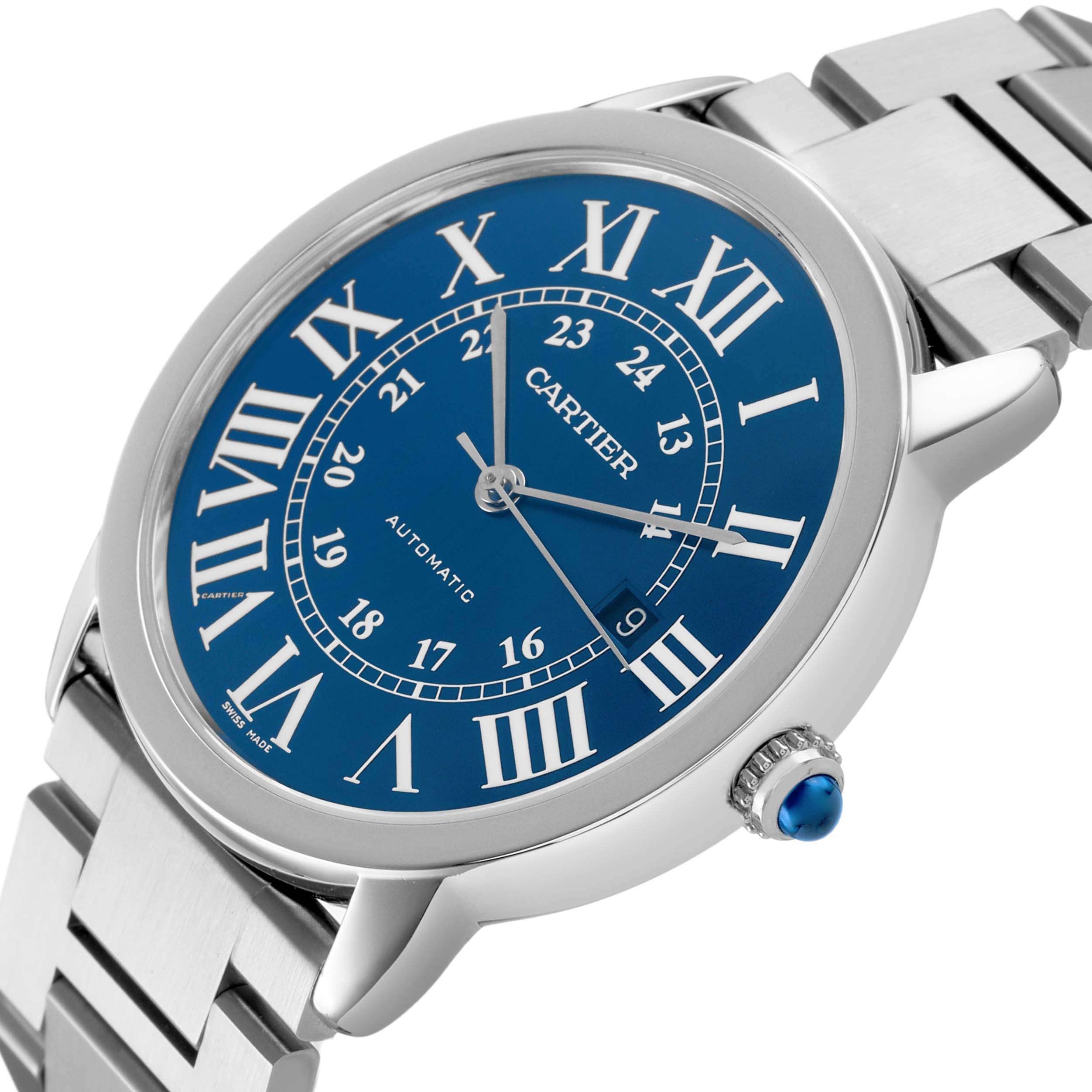 The Cartier Ronde WSRN0023 Men's Stainless Steel Blue Dial watch is shown from a slightly angled side view, highlighting the blue dial, Roman numerals, bracelet, and crown.
