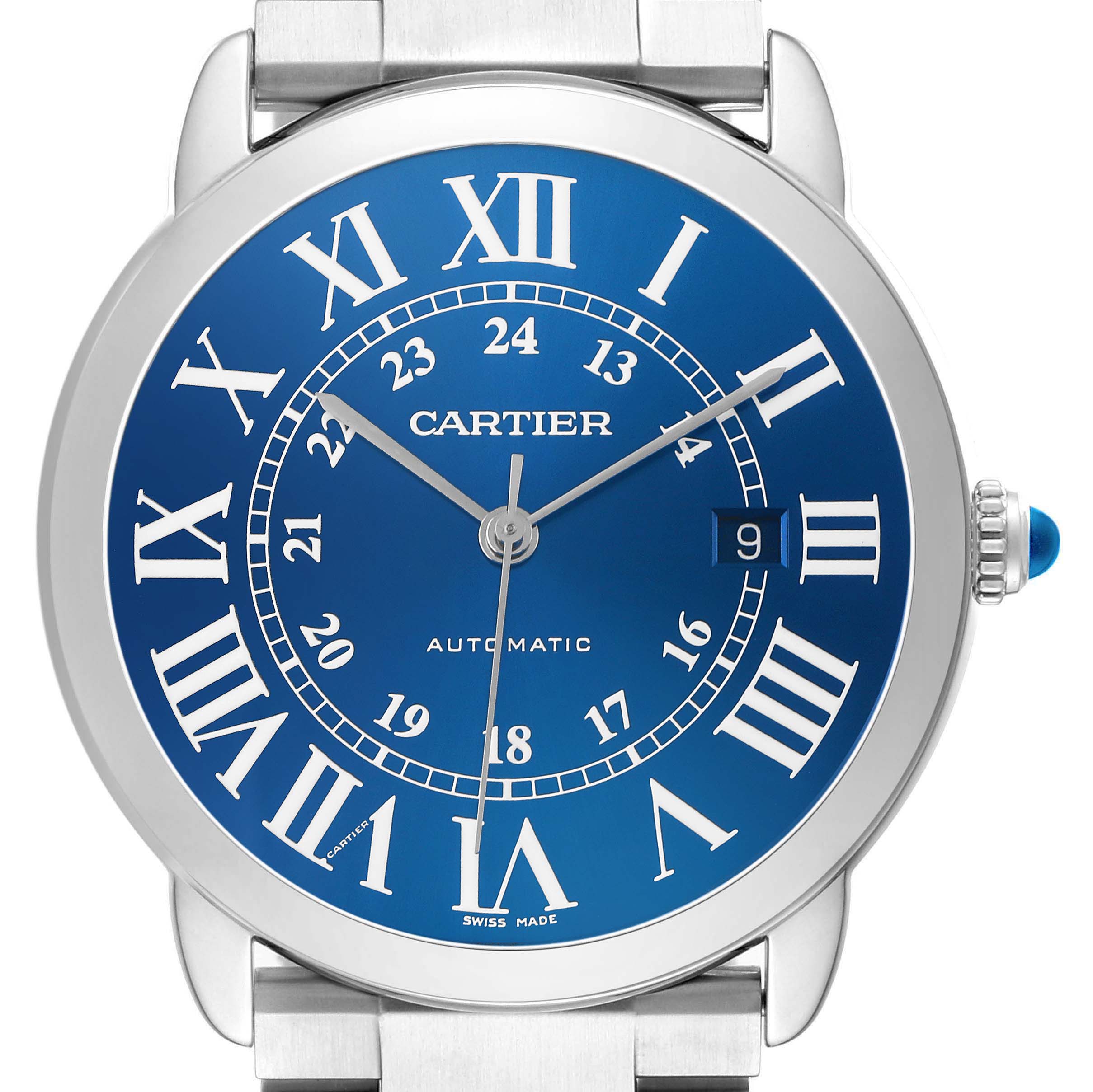 The Cartier Ronde WSRN0023 Men's Stainless Steel Blue Dial watch is shown from a front angle, highlighting the blue dial, Roman numerals, and date window.