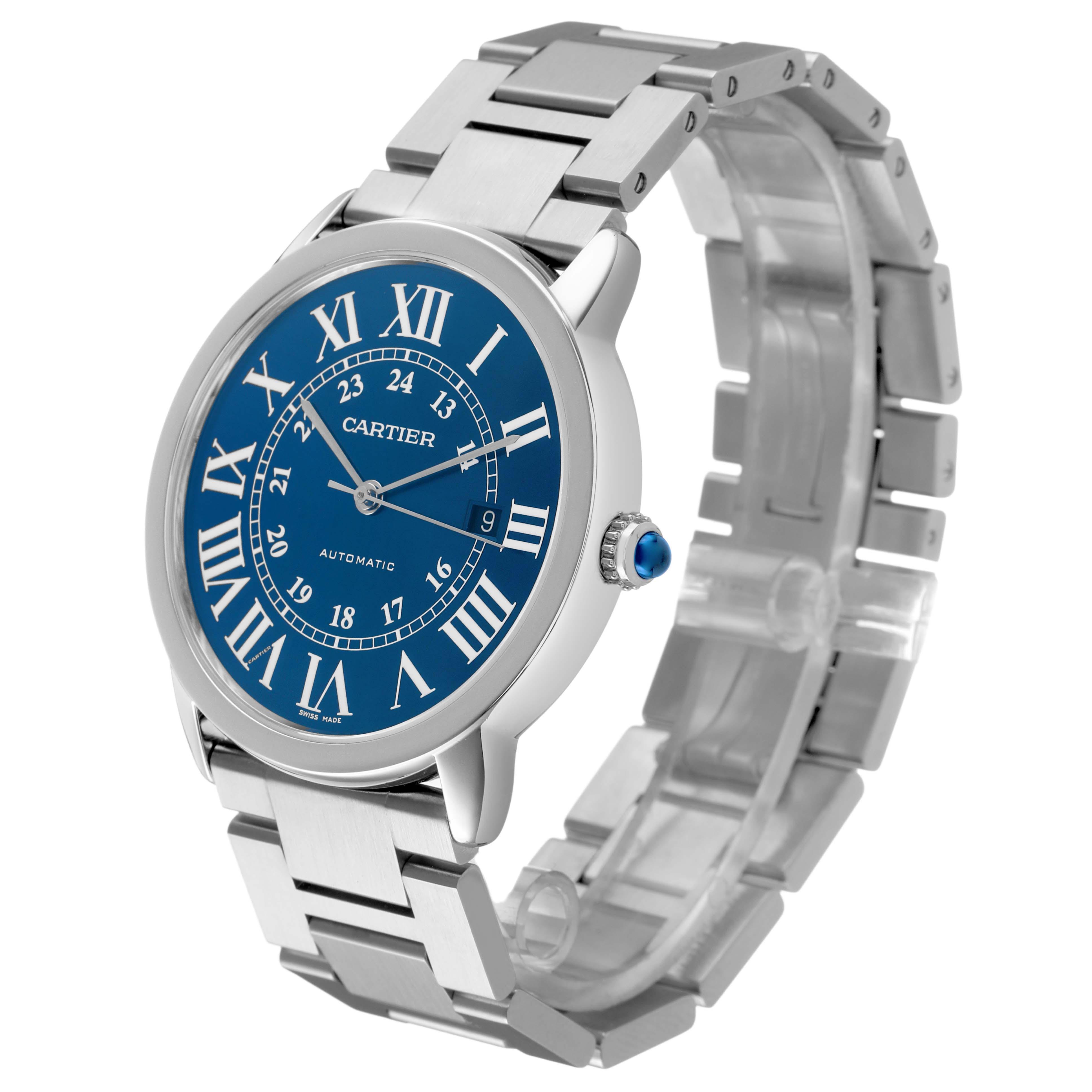 The Cartier Ronde WSRN0023 Men's Stainless Steel Blue Dial watch is shown from an angled side view, displaying its blue dial, Roman numerals, crown, and metal bracelet.