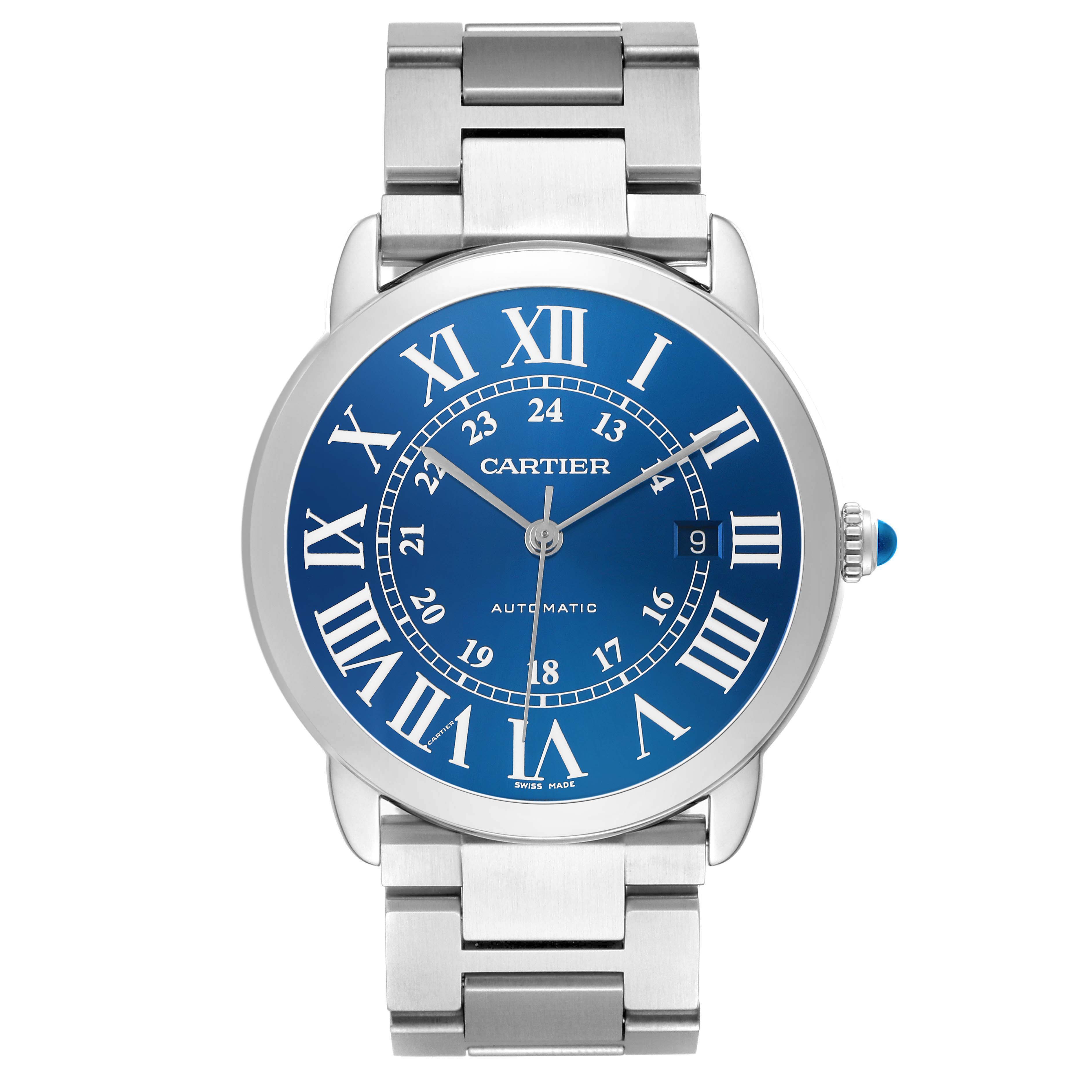 The Cartier Ronde WSRN0023 Men's Stainless Steel Blue Dial watch is shown from a top-down angle, displaying its blue dial, Roman numerals, date window, and metal bracelet.