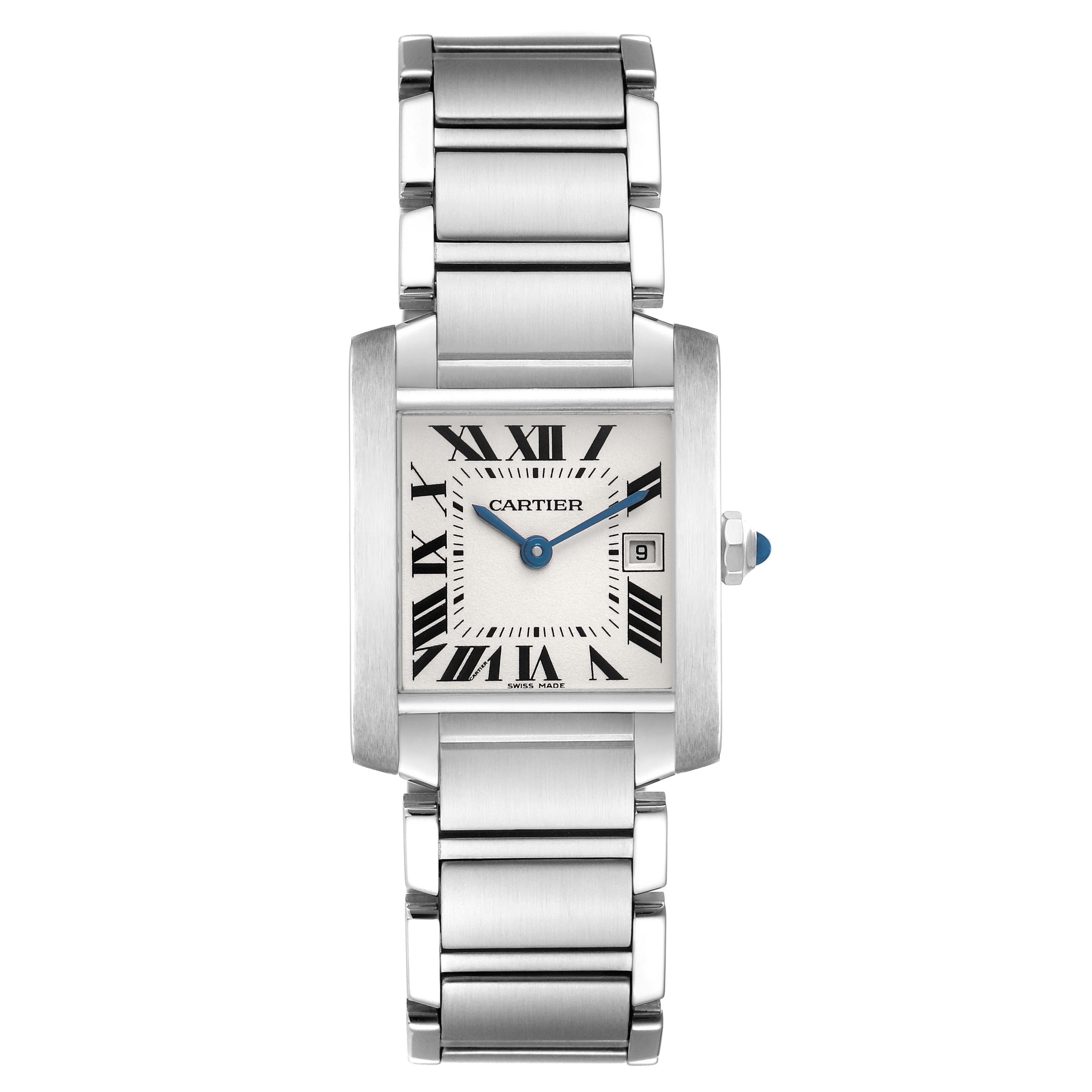 The Cartier Tank Française watch is shown from a front view, displaying its face, bezel, and bracelet.