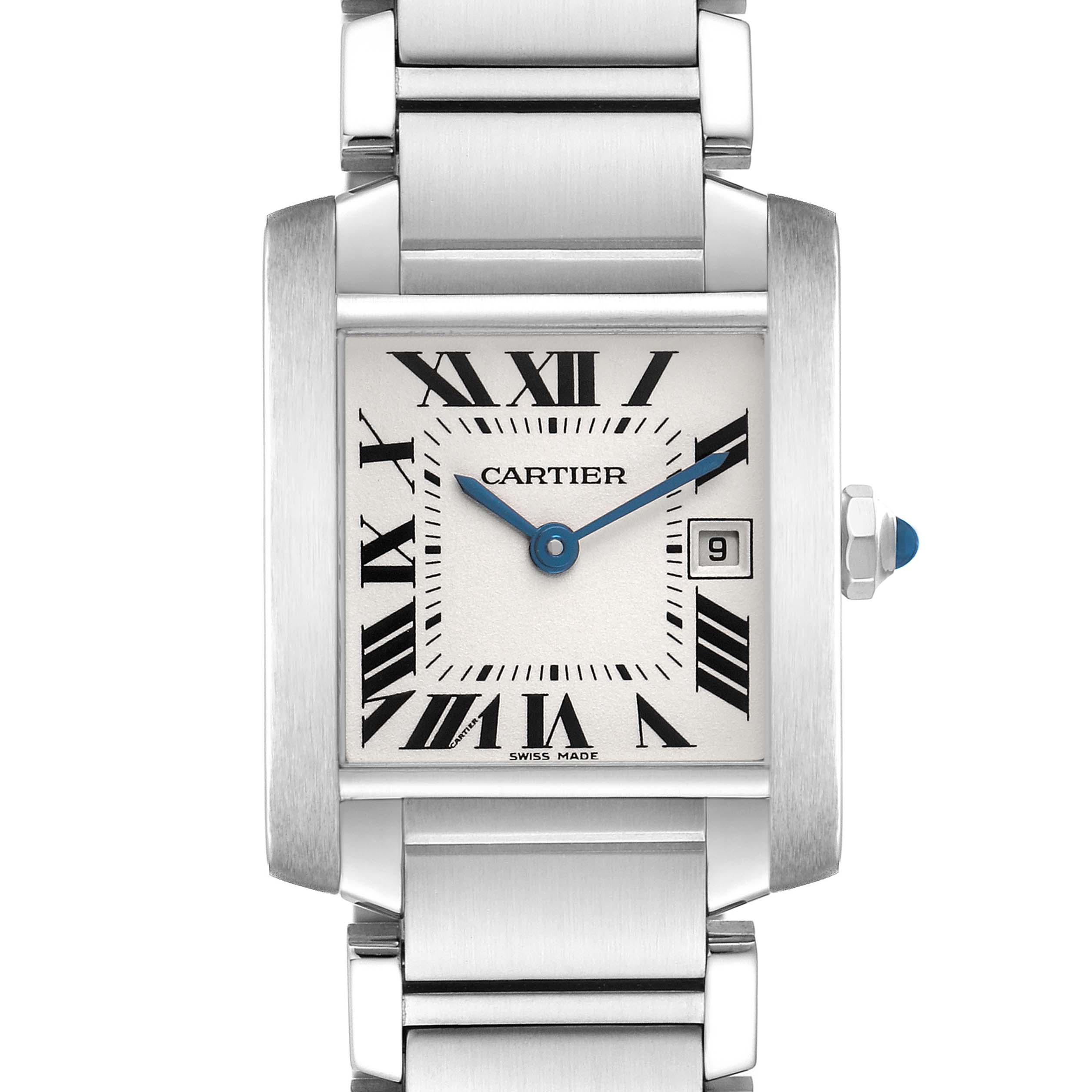 The Cartier Tank Française watch is shown from the front, highlighting the dial, hands, bracelet, and crown.