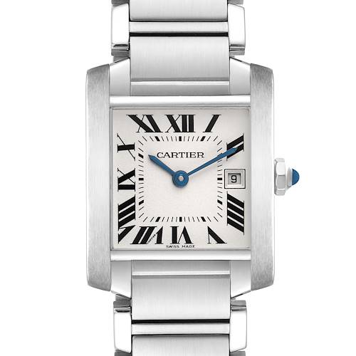 The Cartier Tank Francaise W51011Q3 Women's Stainless Steel Silver Dial watch is shown from a front angle, displaying its face, bracelet, and crown with a blue cabochon.