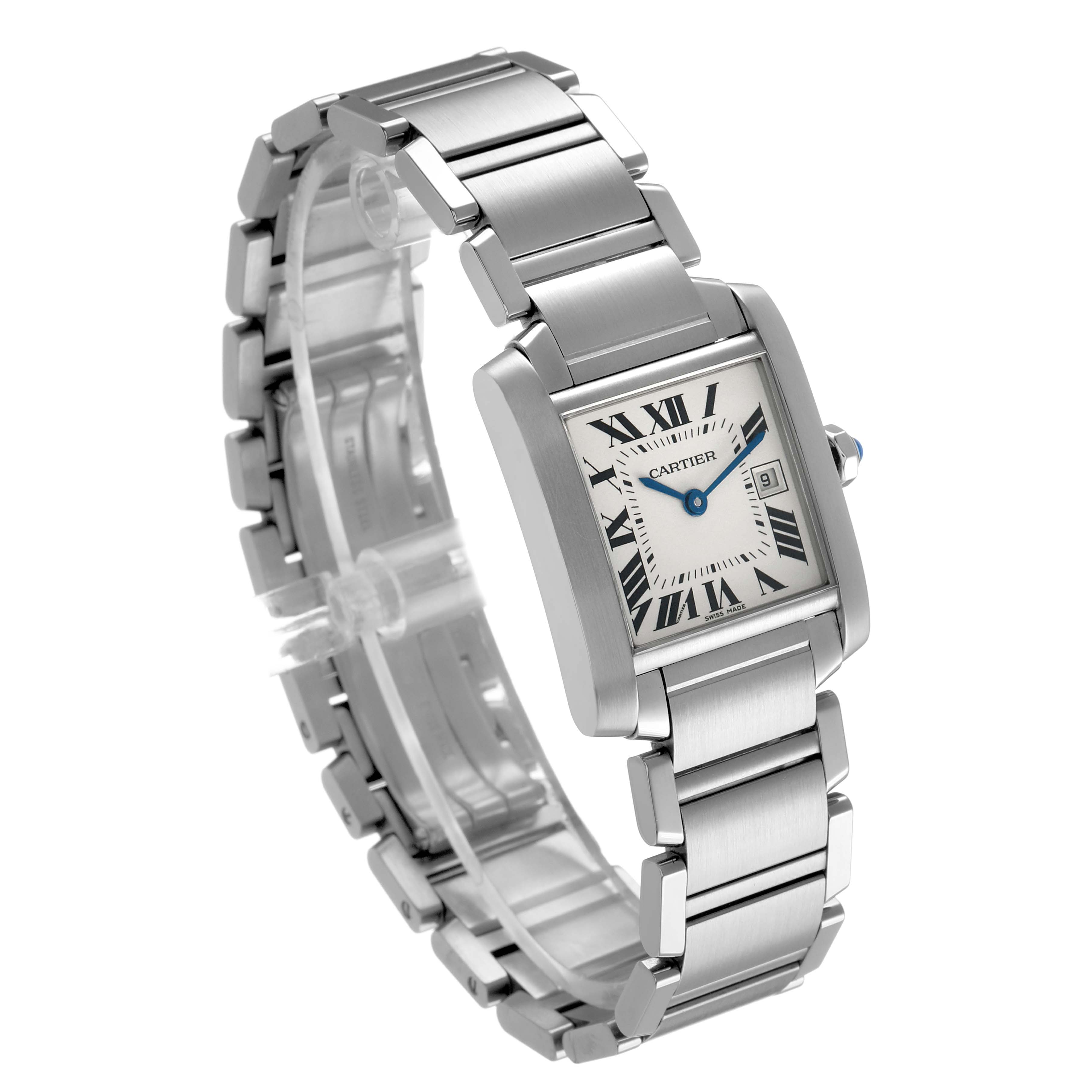 The Cartier Tank Française watch is shown from a three-quarter angle, highlighting the watch face, bracelet, and side profile.