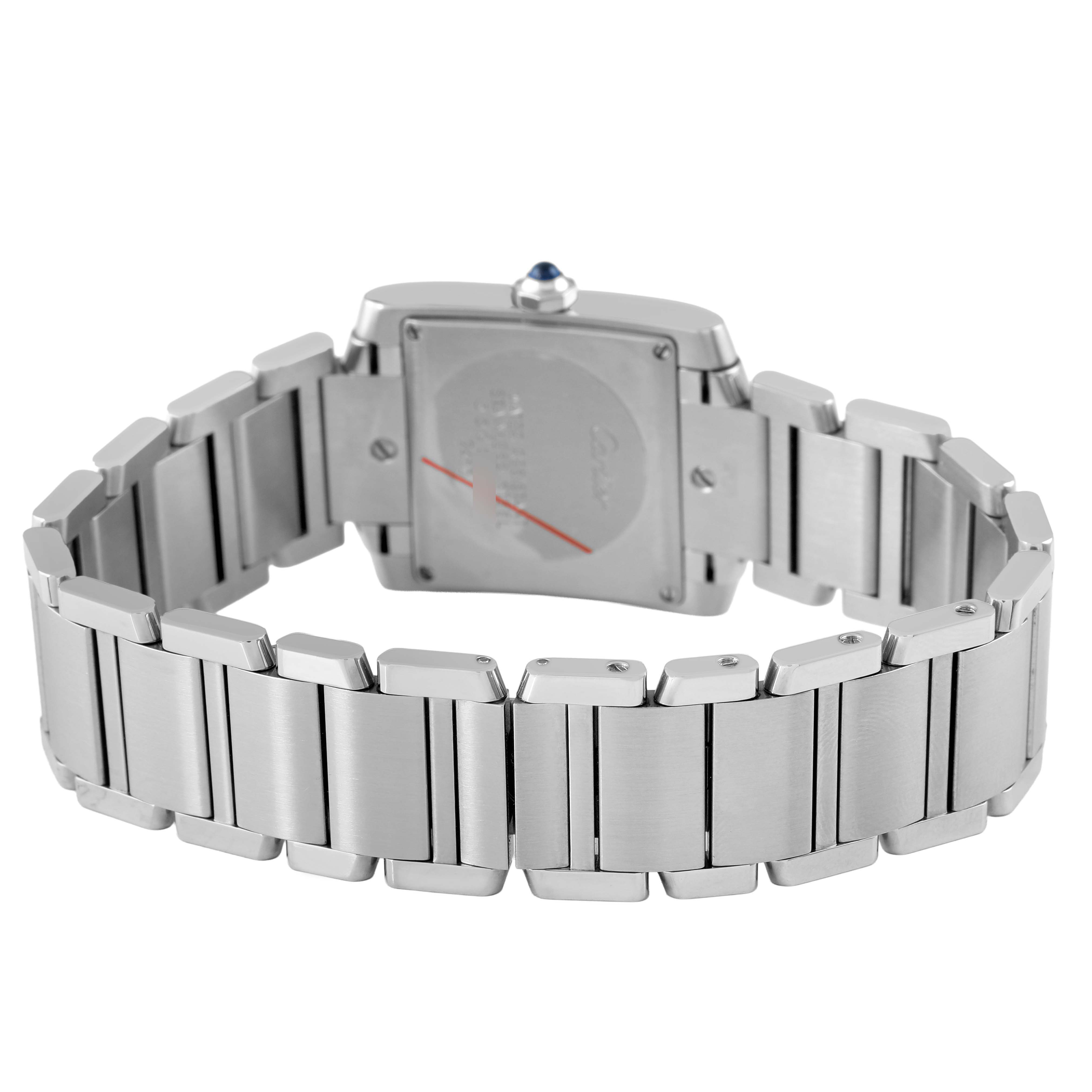 The image shows the back and bracelet of the Cartier Tank Française, highlighting the clasp and caseback.