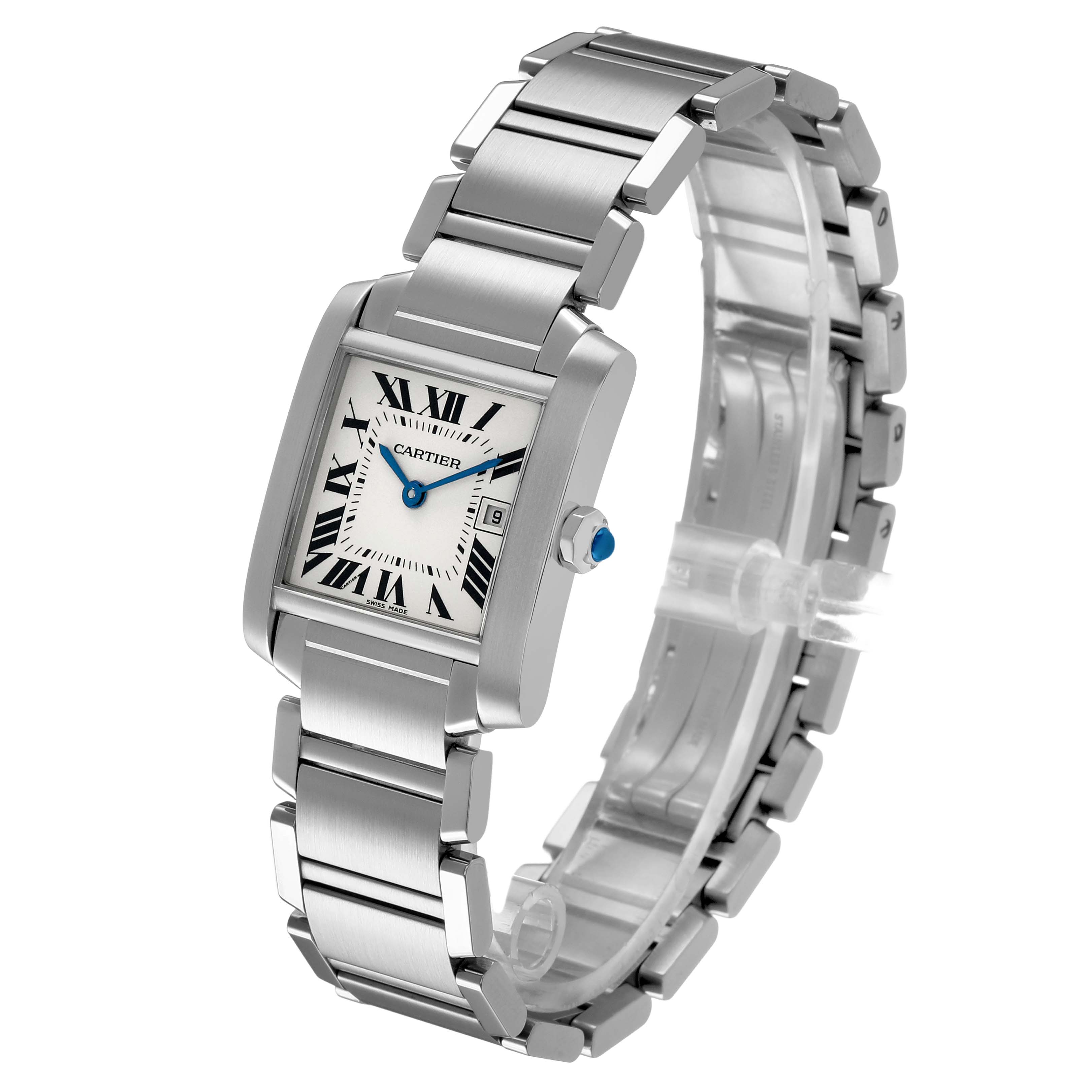 The Cartier Tank Française watch is shown at an angle highlighting the bracelet, case, and dial with Roman numerals.