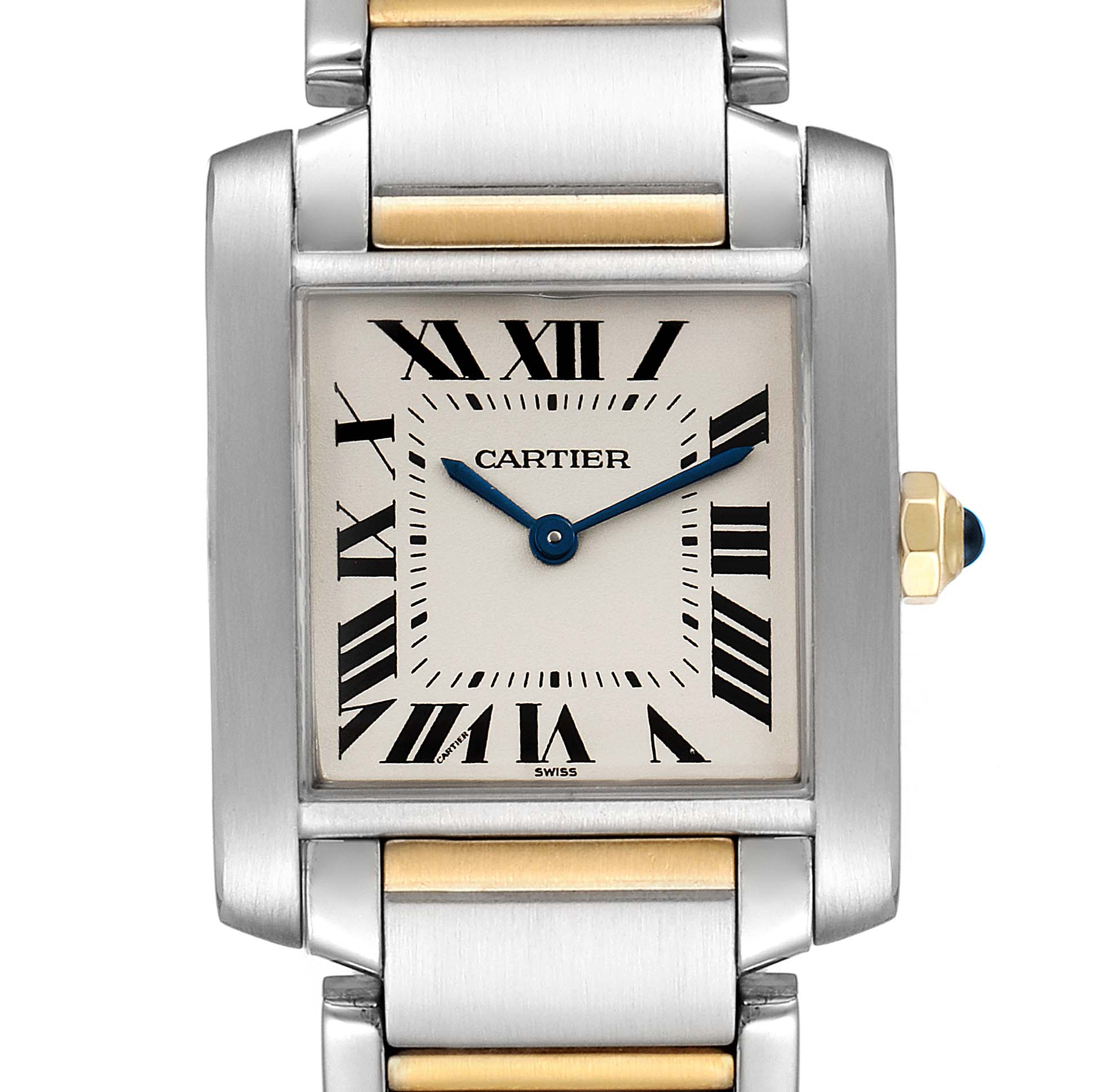 The image shows a front view of a Cartier Tank Francaise W2TA0003 Women's Steel and Gold (two tone) Silver Dial W2TA0003 Women's Steel and Gold (two tone) Silver Dial watch, highlighting its face, bezel, and part of the bracelet.