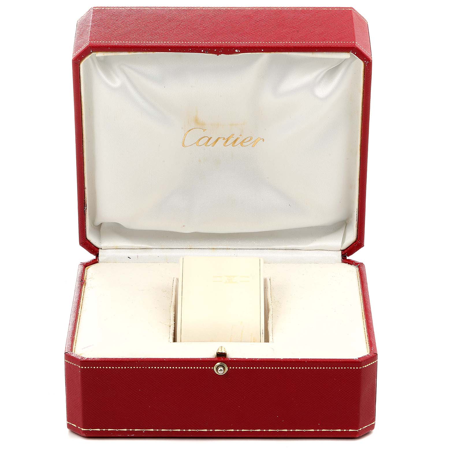 The image shows the open box of a Cartier Tank Francaise W2TA0003 Women's Steel and Gold (two tone) Silver Dial W2TA0003 Women's Steel and Gold (two tone) Silver Dial watch, showcasing the case's interior.
