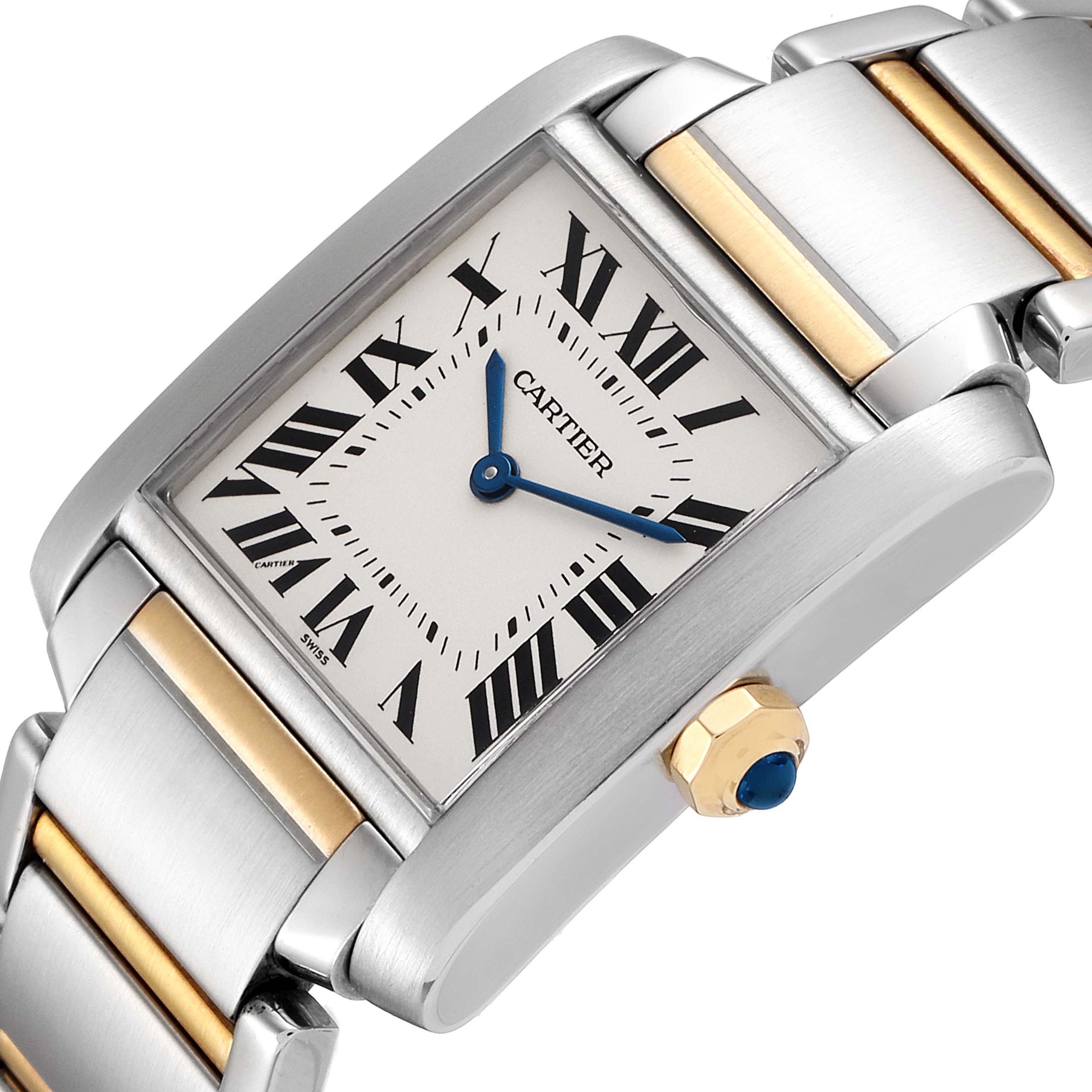 The image shows a close-up angle of a Cartier Tank Française watch, highlighting its face, crown, and part of the bracelet.