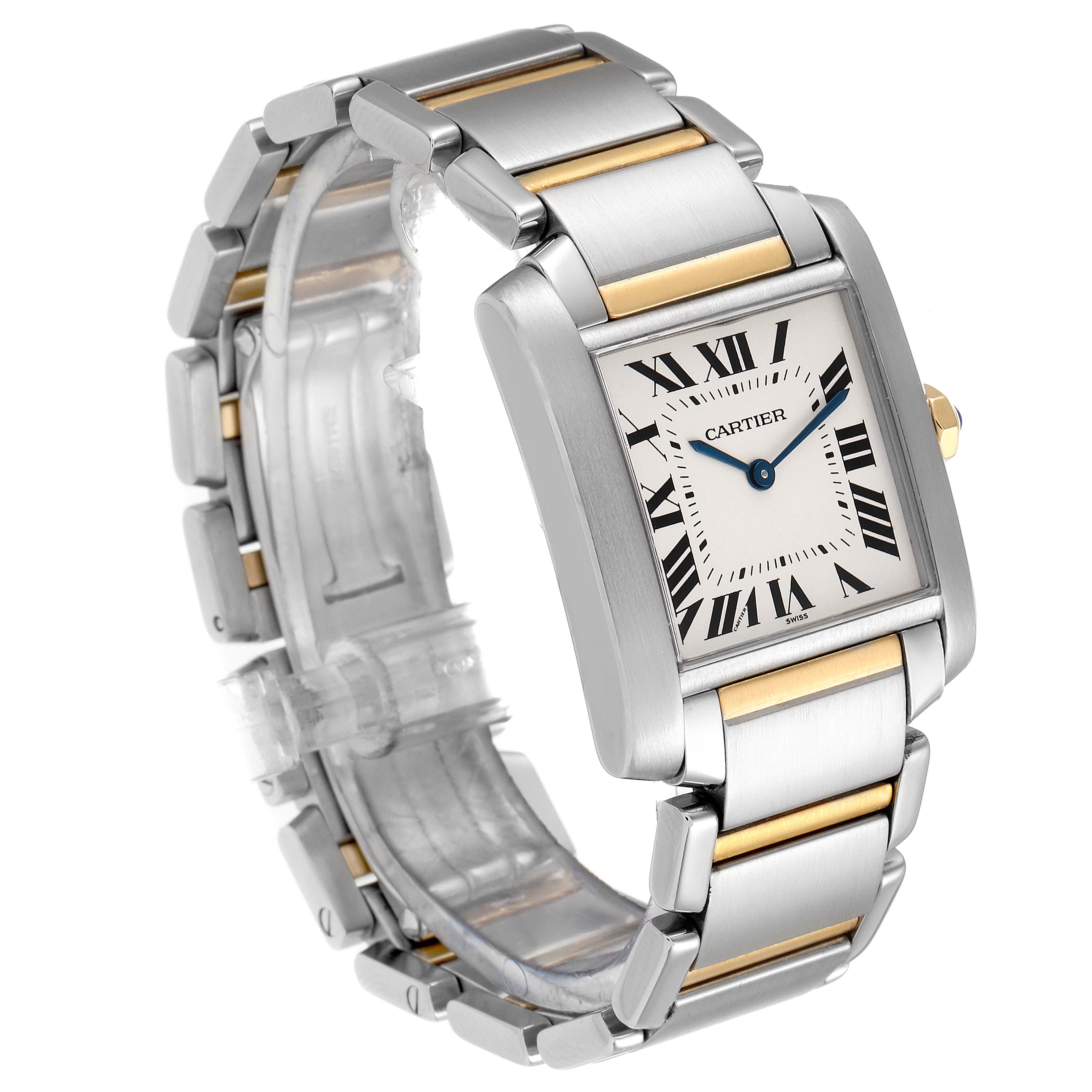 The image shows a Cartier Tank Francaise W2TA0003 Women's Steel and Gold (two tone) Silver Dial W2TA0003 Women's Steel and Gold (two tone) Silver Dial watch at a three-quarter angle, highlighting its face, bracelet, and crown.
