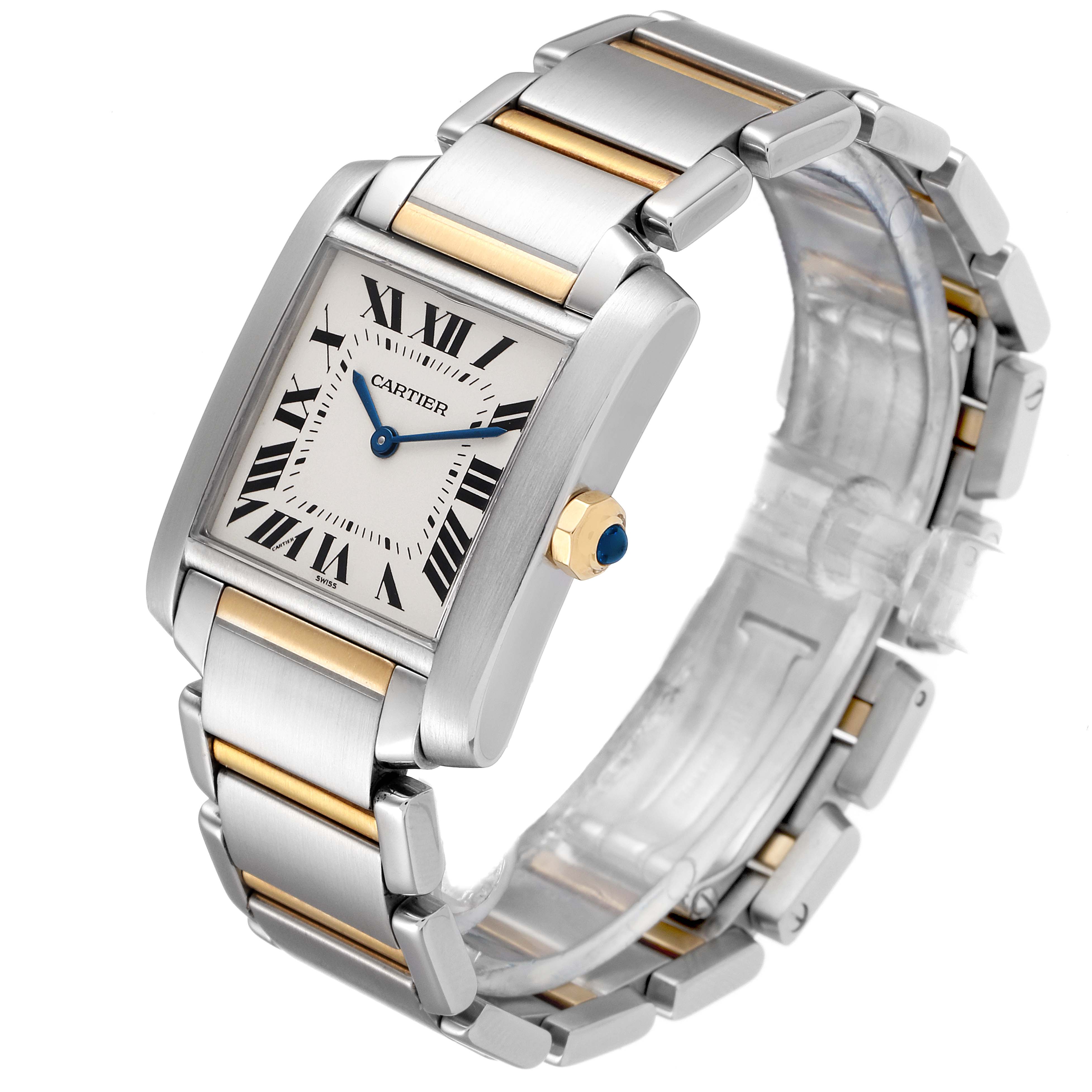 The image shows a Cartier Tank Francaise W2TA0003 Women's Steel and Gold (two tone) Silver Dial W2TA0003 Women's Steel and Gold (two tone) Silver Dial watch at a three-quarter angle, highlighting the face, bezel, crown, and part of the bracelet.