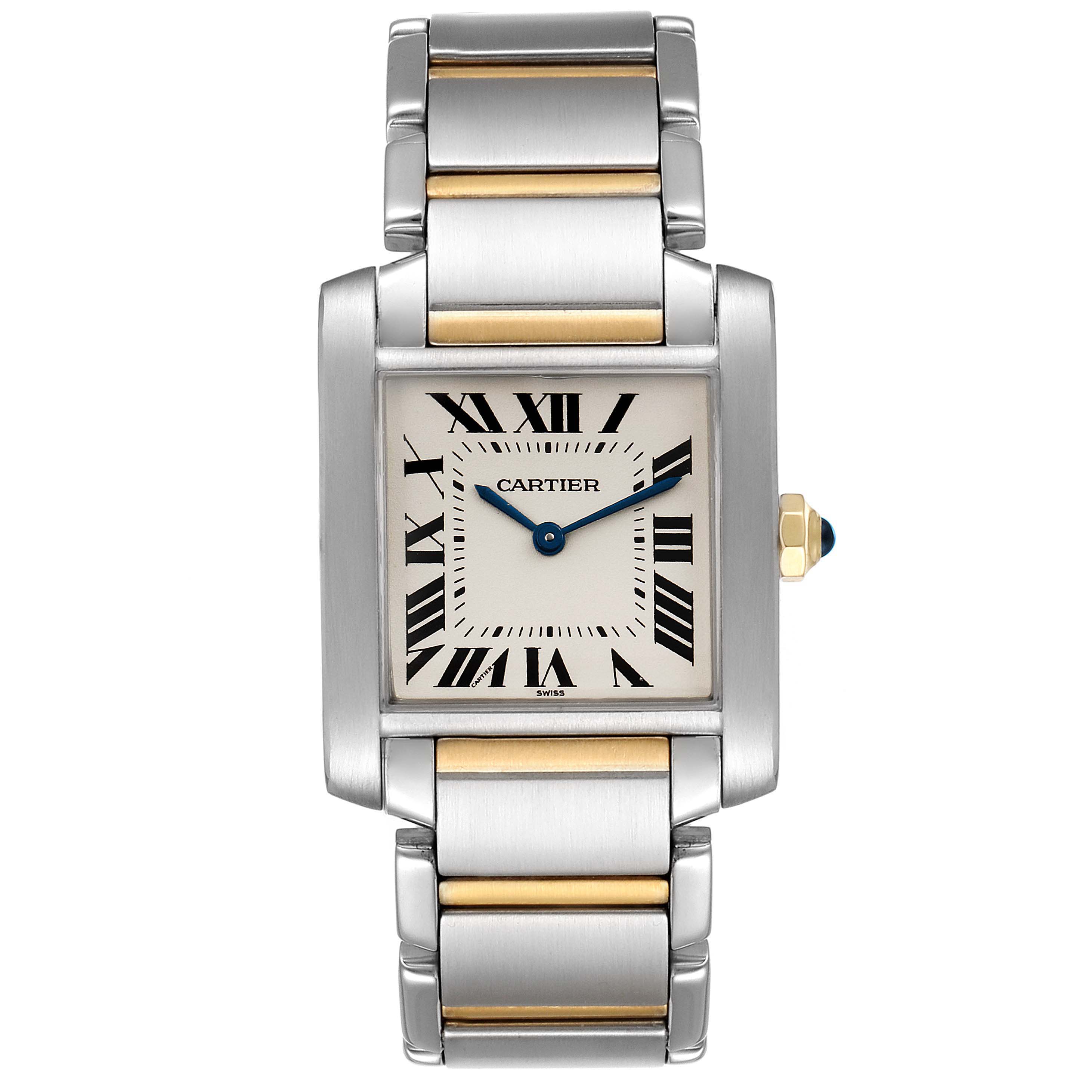 The Cartier Tank Francaise W2TA0003 Women's Steel and Gold (two tone) Silver Dial W2TA0003 Women's Steel and Gold (two tone) Silver Dial watch is shown from a front angle, displaying the face, dial, and the two-tone metal bracelet.