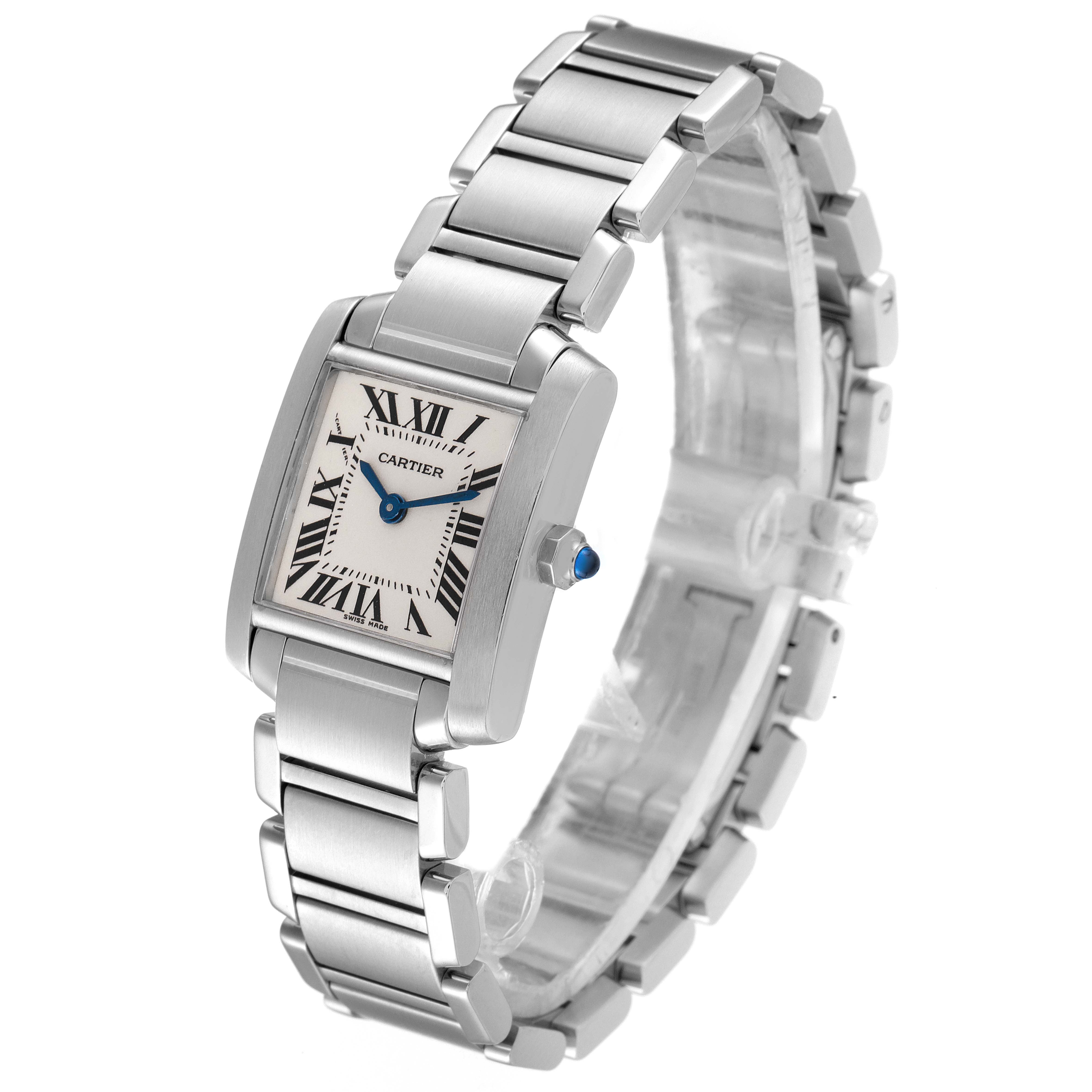 The Cartier Tank Francaise W51008Q3 Women
s Stainless Steel Silver Dial W51008Q3 Women
s Stainless Steel Silver Dial watch is shown at a three-quarter angle, highlighting its rectangular face, metal bracelet, and crown.