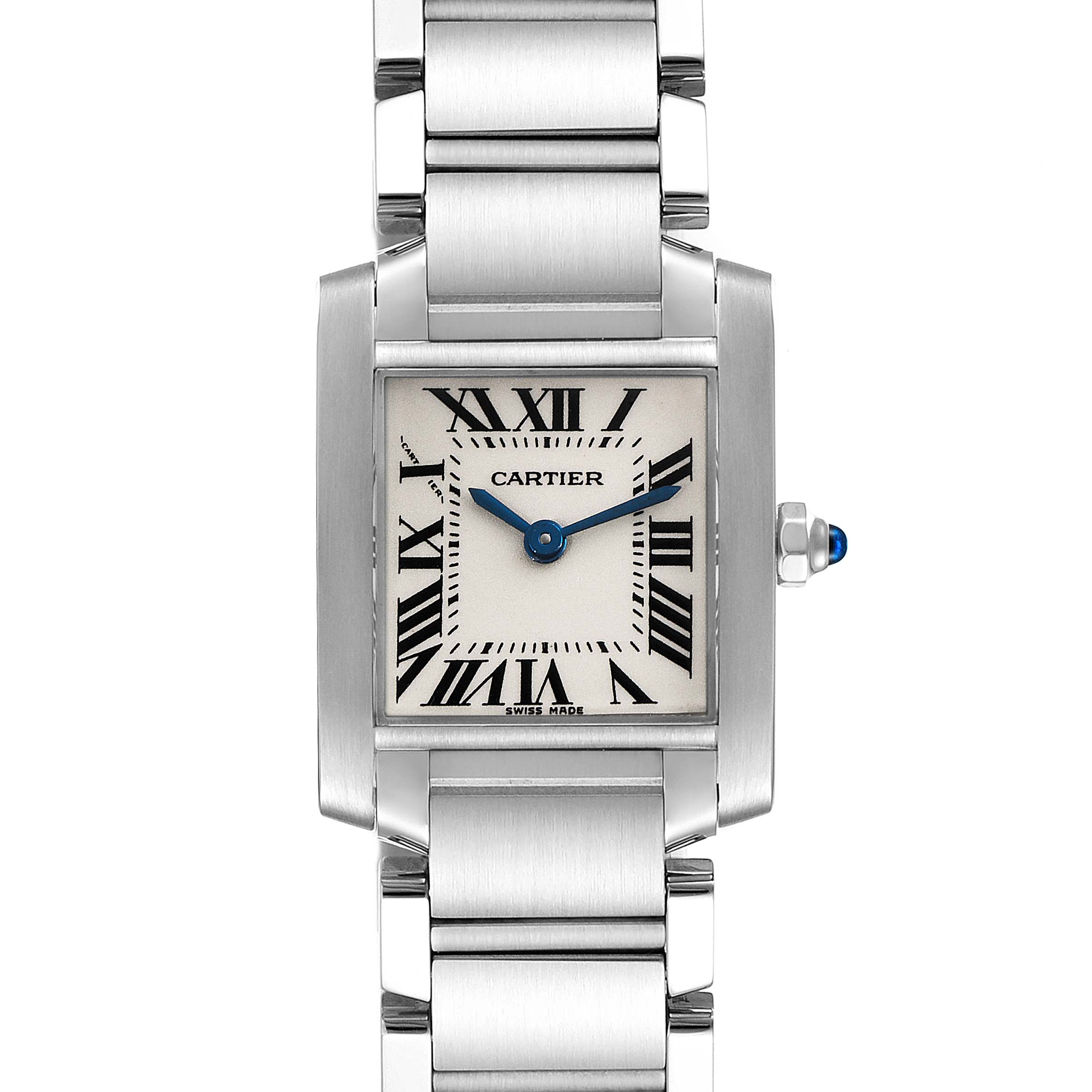 The image displays a Cartier Tank Francaise W51008Q3 Women
s Stainless Steel Silver Dial W51008Q3 Women
s Stainless Steel Silver Dial watch from a top-down angle, showcasing the face, bracelet, and crown.