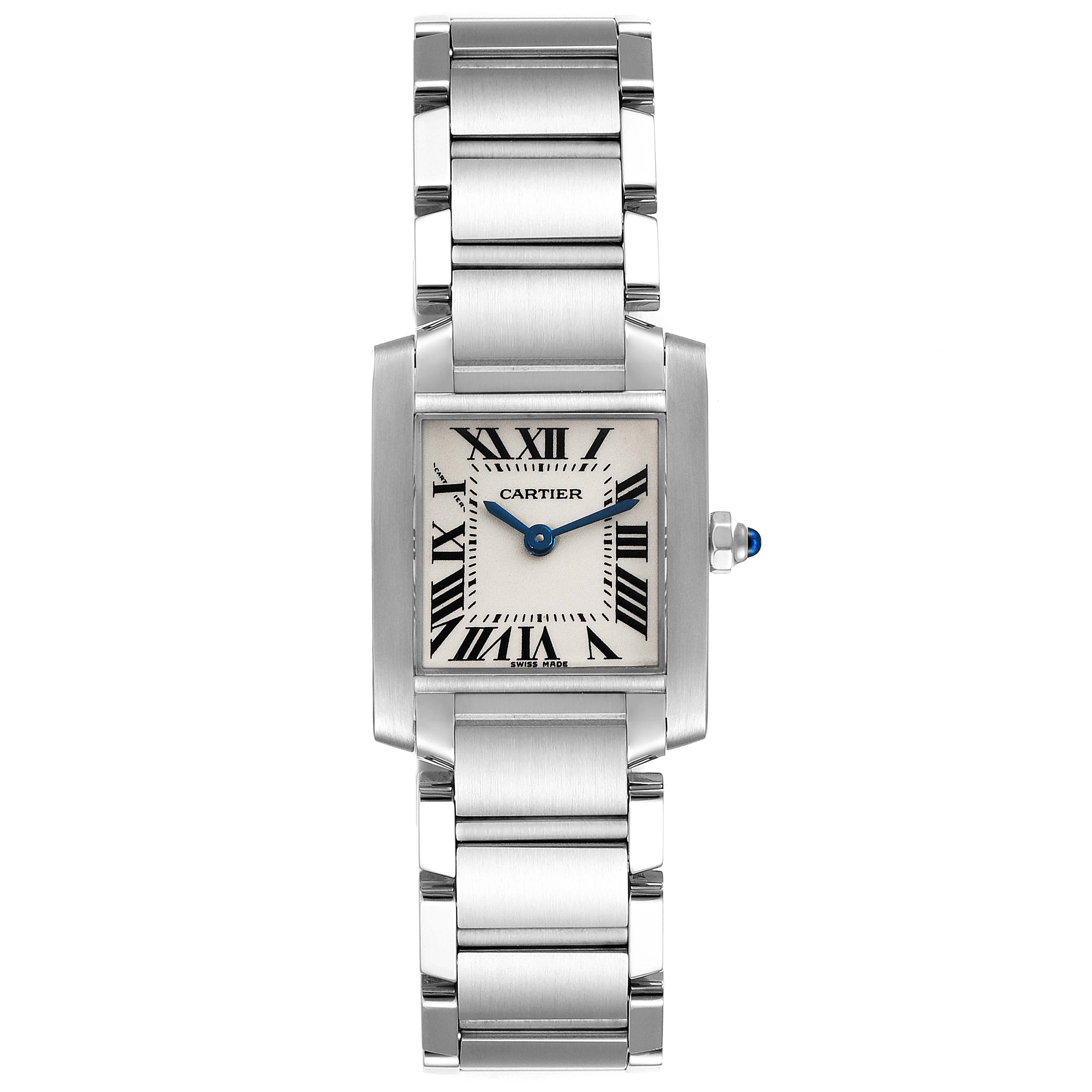 The image shows a front view of the Cartier Tank Francaise W51008Q3 Women
s Stainless Steel Silver Dial W51008Q3 Women
s Stainless Steel Silver Dial watch, displaying the face, bezel, and bracelet.