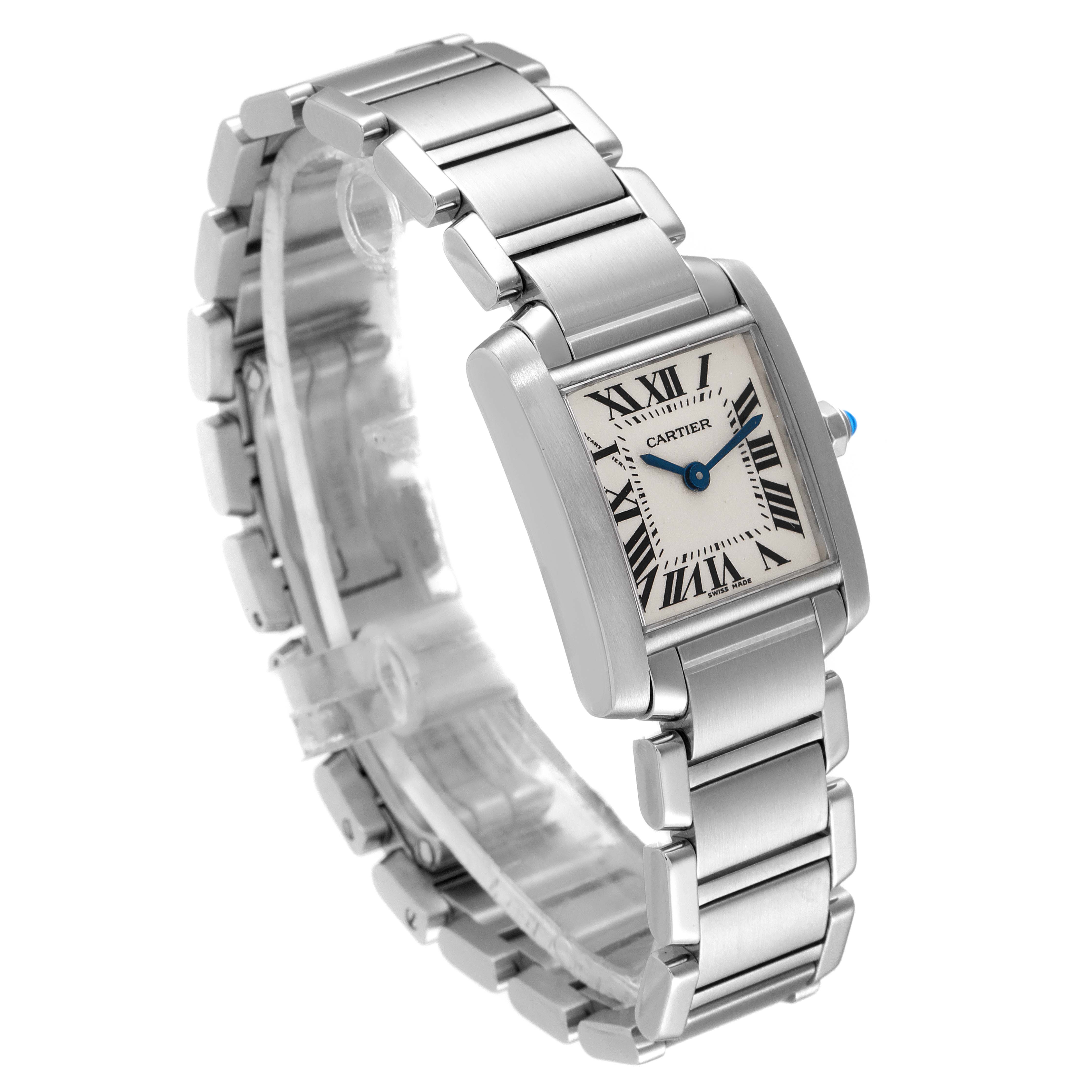 The image shows a Cartier Tank Française watch at a slight angle, highlighting its square face and metallic band.