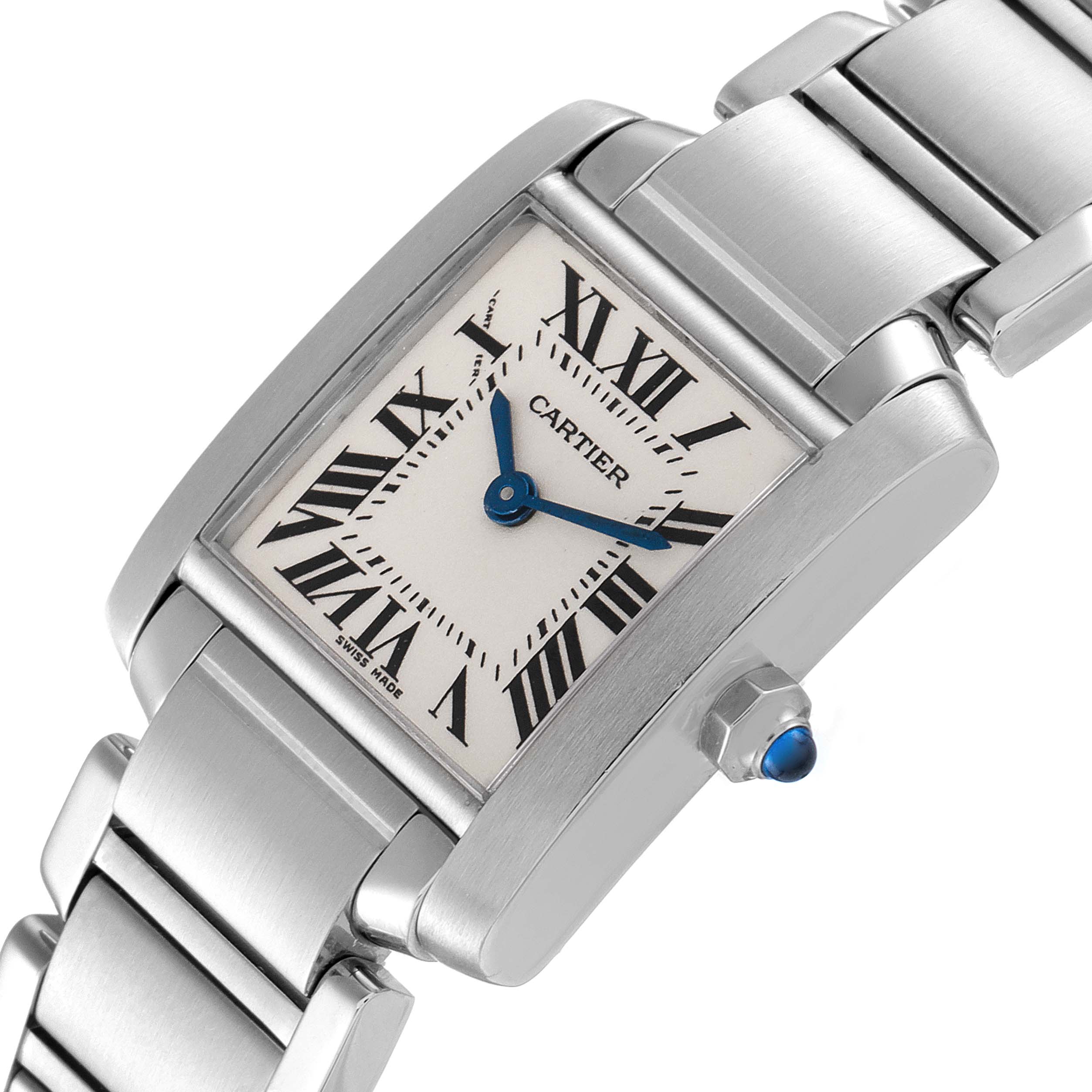 The image shows a close-up, angled view of a Cartier Tank Française, highlighting its rectangular face, Roman numeral dial, and metal band.