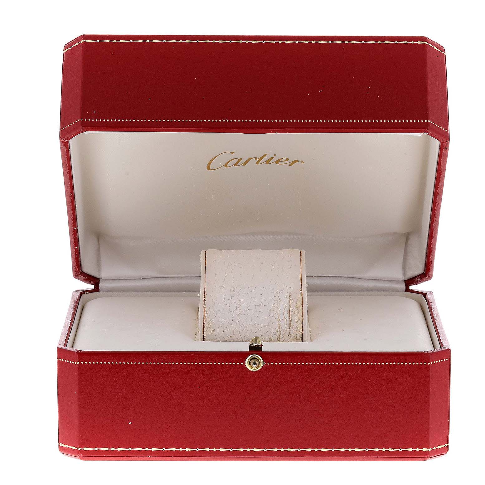 This image shows an open Cartier Tank Francaise W51008Q3 Women
s Stainless Steel Silver Dial W51008Q3 Women
s Stainless Steel Silver Dial watch box with a red exterior and a plush beige interior.