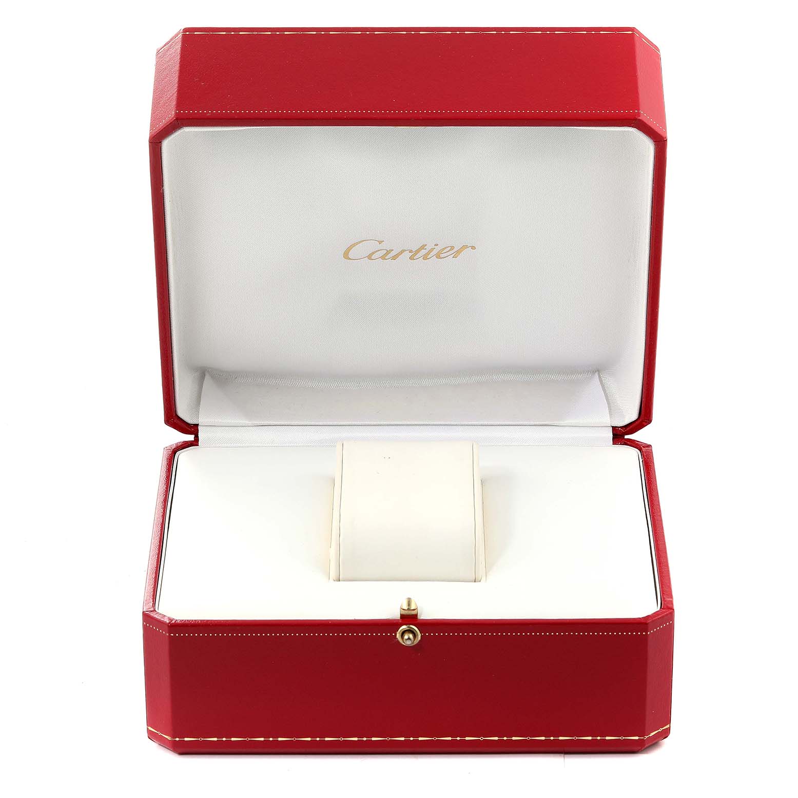 The image shows a red Cartier watch box, designed to hold a Tank Francaise model watch.