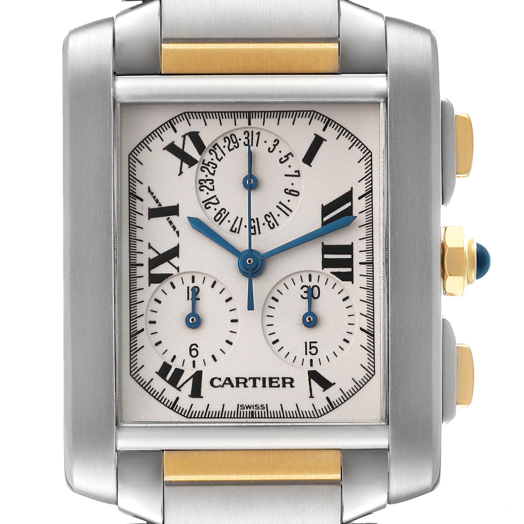 The image shows a frontal view of a Cartier Tank Francaise W51004Q4 Men's Steel and Gold (two tone) Silver Dial W51004Q4 Men's Steel and Gold (two tone) Silver Dial watch, highlighting the dial, hands, subdials, and side buttons.