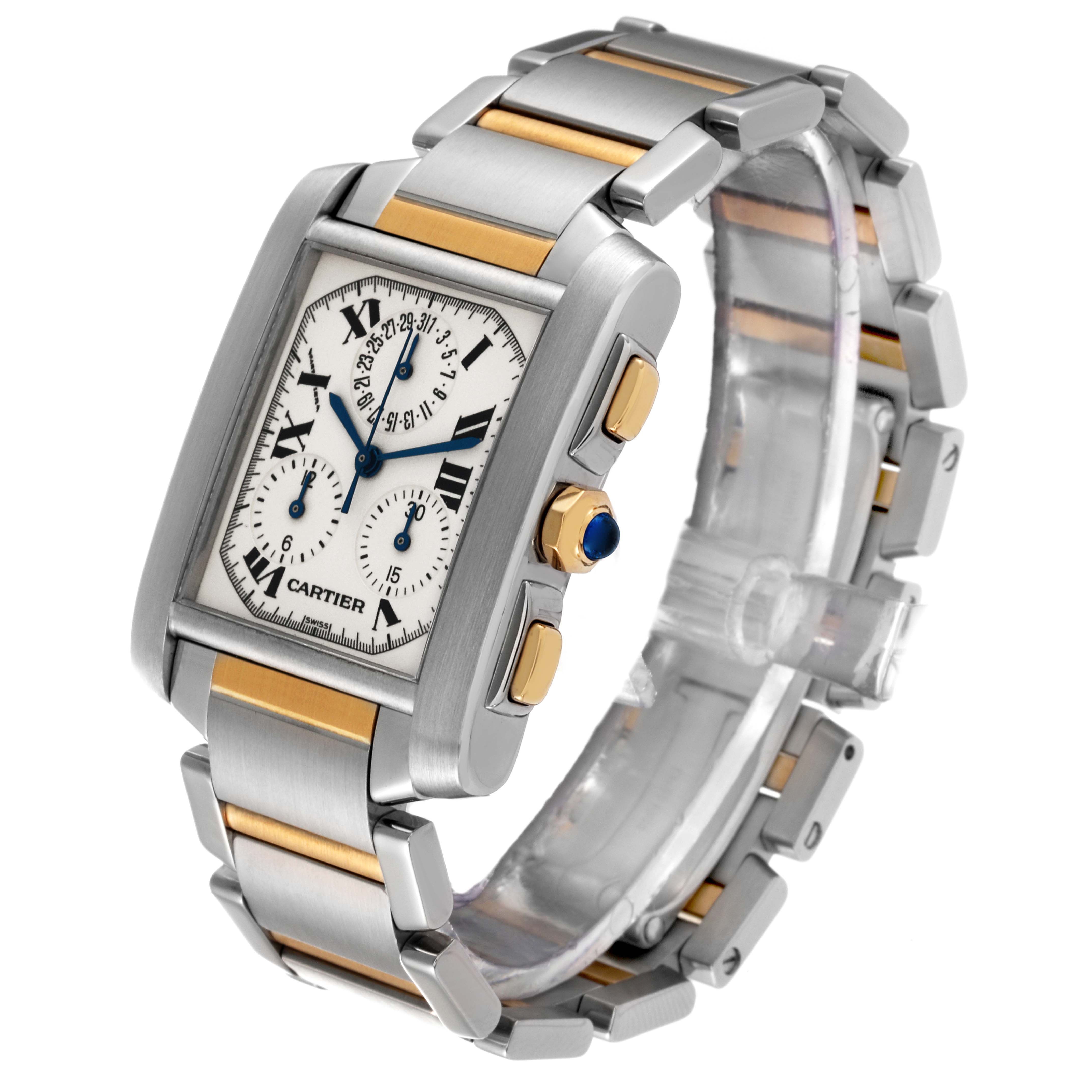 This image shows a Cartier Tank Française watch angled to display its face, side buttons, and bracelet.