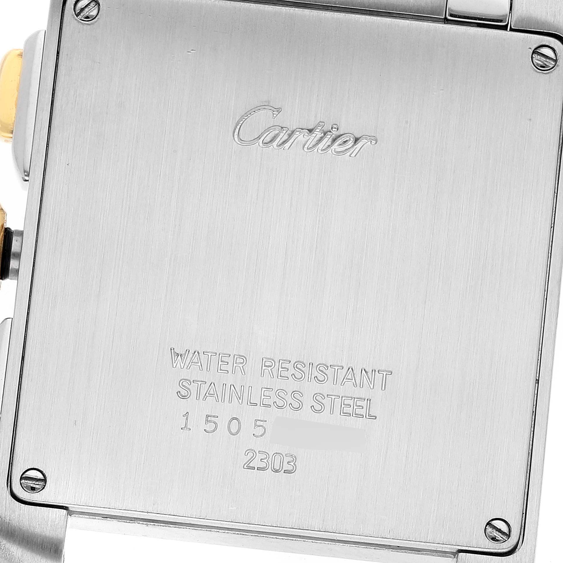 This image shows the back case of a Cartier Tank Française watch, highlighting the brand, model, and material details.