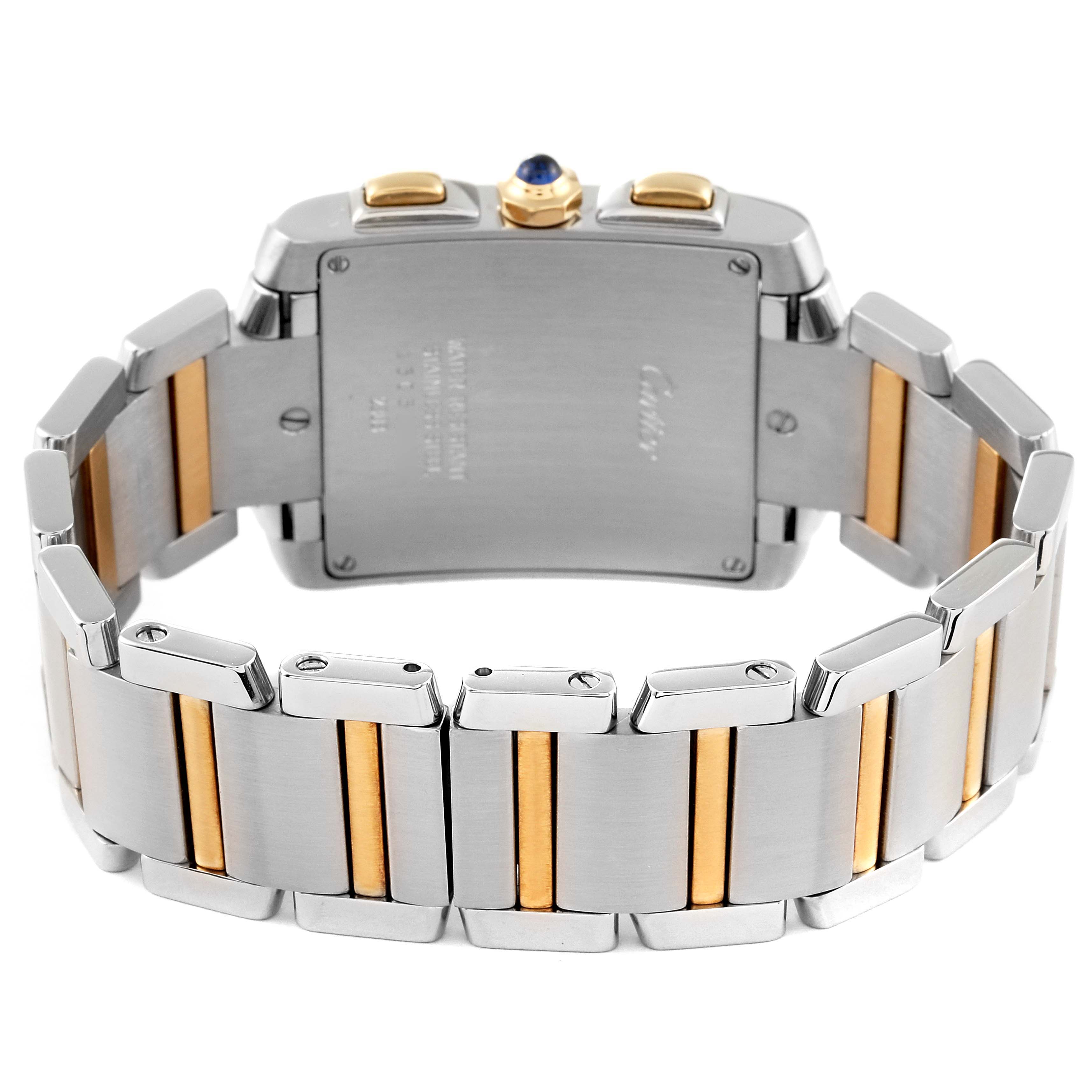 This image shows the back view of the Cartier Tank Francaise W51004Q4 Men's Steel and Gold (two tone) Silver Dial W51004Q4 Men's Steel and Gold (two tone) Silver Dial watch and its two-tone metal bracelet.