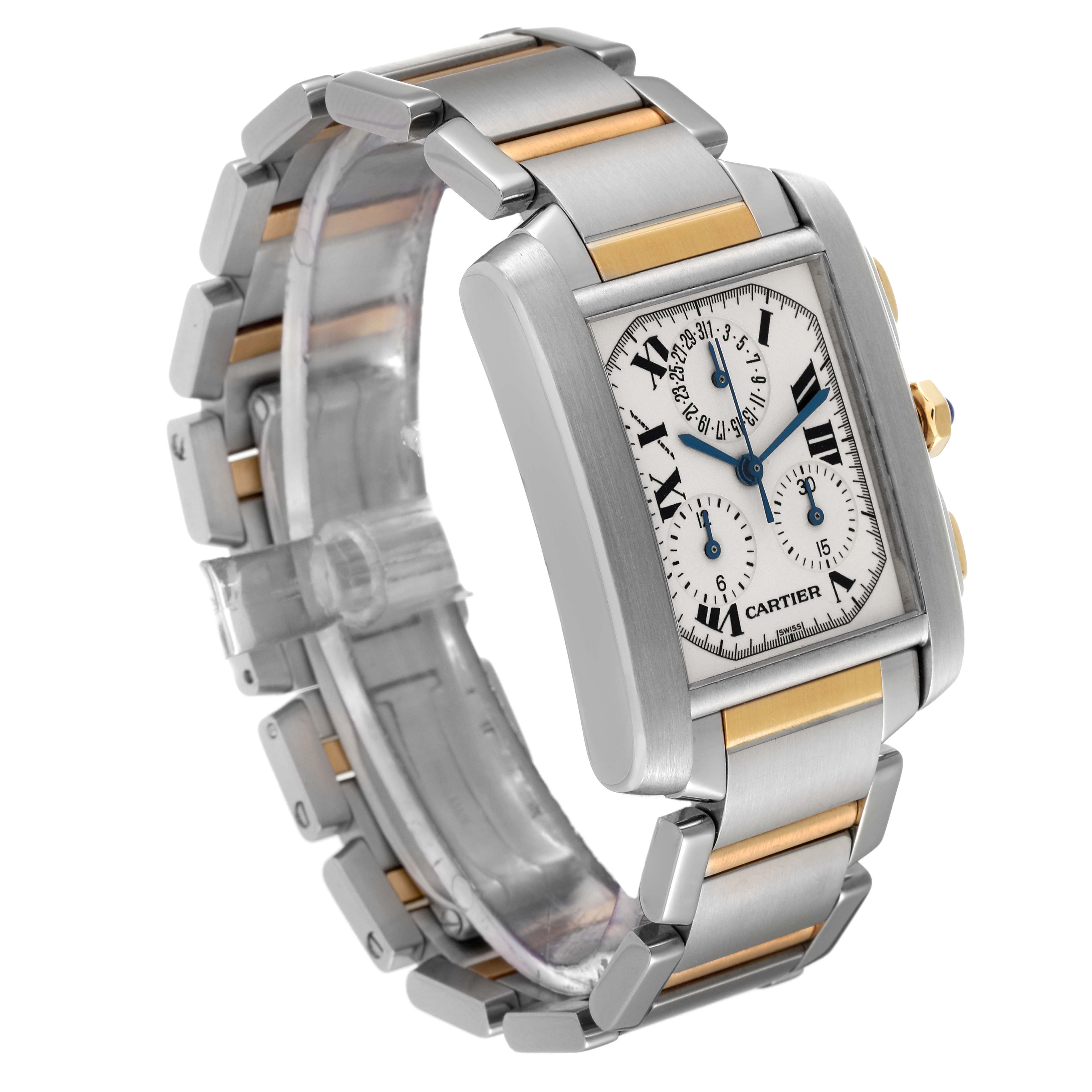 The image shows a three-quarter angle of a Cartier Tank Francaise W51004Q4 Men's Steel and Gold (two tone) Silver Dial W51004Q4 Men's Steel and Gold (two tone) Silver Dial watch, highlighting its dial, bracelet, and side buttons.