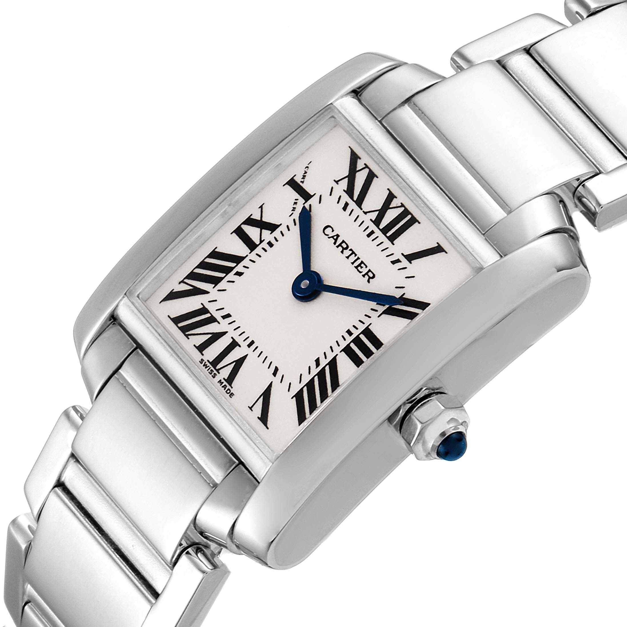 The Cartier Tank Francaise W50012S3 Women's White Gold Silver Dial W50012S3 Women's White Gold Silver Dial watch is shown at an oblique angle, highlighting the face, crown, and part of the metallic bracelet.