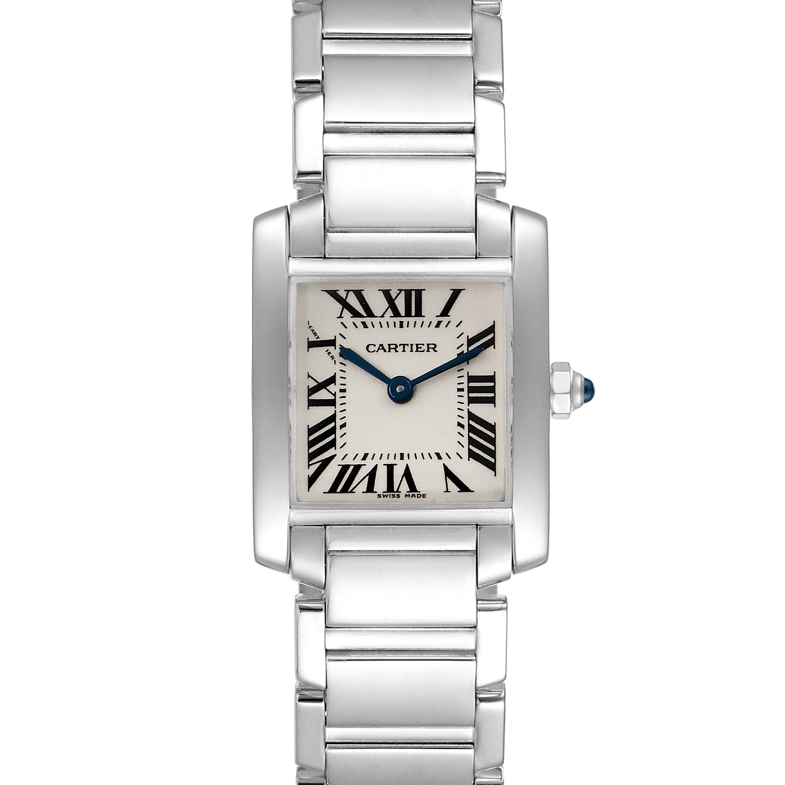 The image shows the dial and bracelet of the Cartier Tank Francaise W50012S3 Women's White Gold Silver Dial W50012S3 Women's White Gold Silver Dial watch from a front angle.