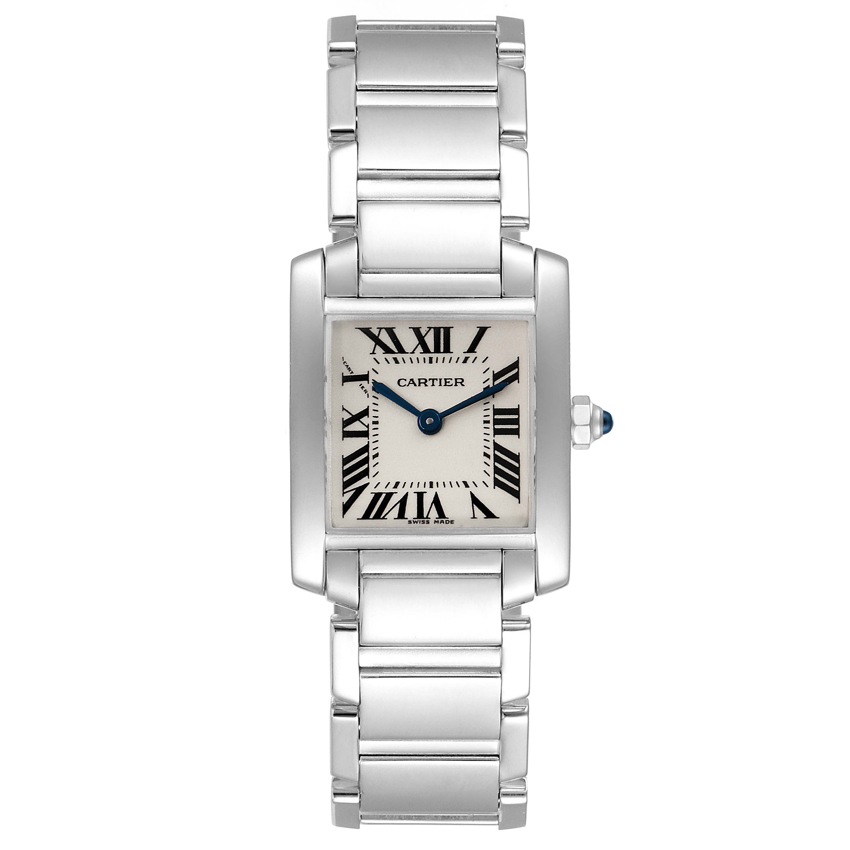 The image shows a Cartier Tank Francaise W50012S3 Women's White Gold Silver Dial W50012S3 Women's White Gold Silver Dial watch from a front view, displaying its rectangular face and metal bracelet.