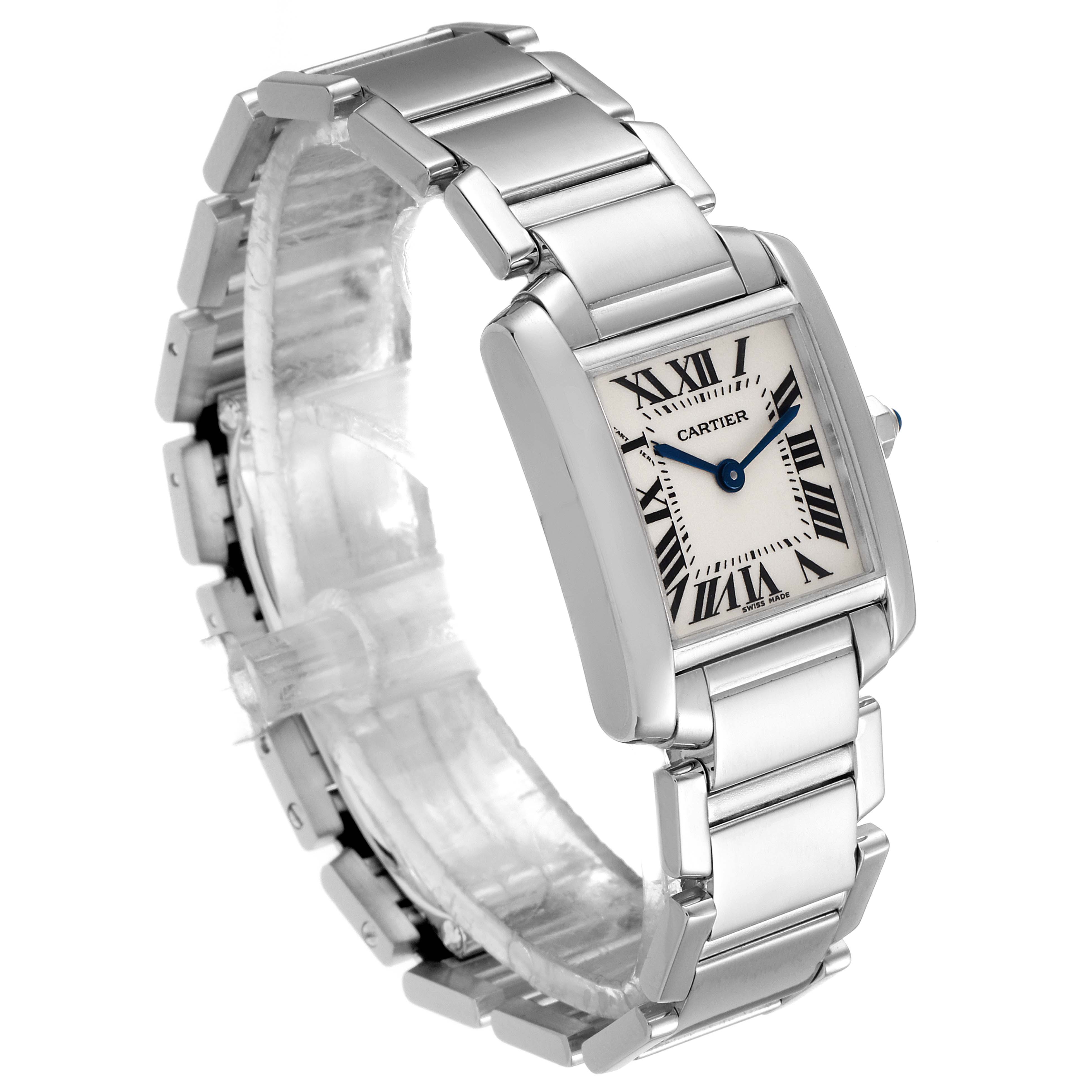 The image shows a silver Cartier Tank Française watch at a slight angle, highlighting its rectangular face, roman numerals, and metal bracelet.