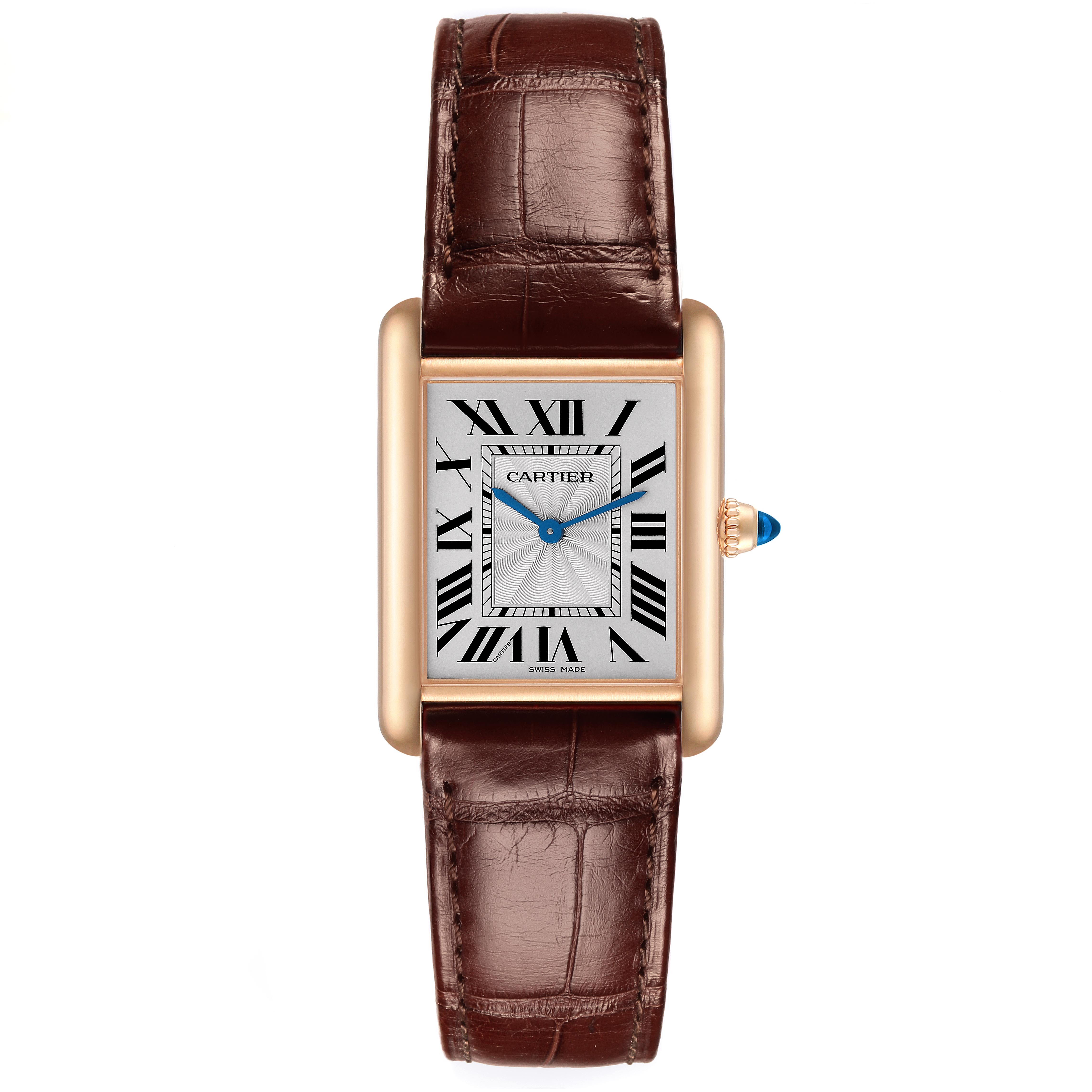 The Cartier Tank Louis WGTA0011 Men's Rose Gold Silver Dial WGTA0011 Men's Rose Gold Silver Dial watch is shown from a top view, highlighting its rectangular face, Roman numerals, and leather strap.