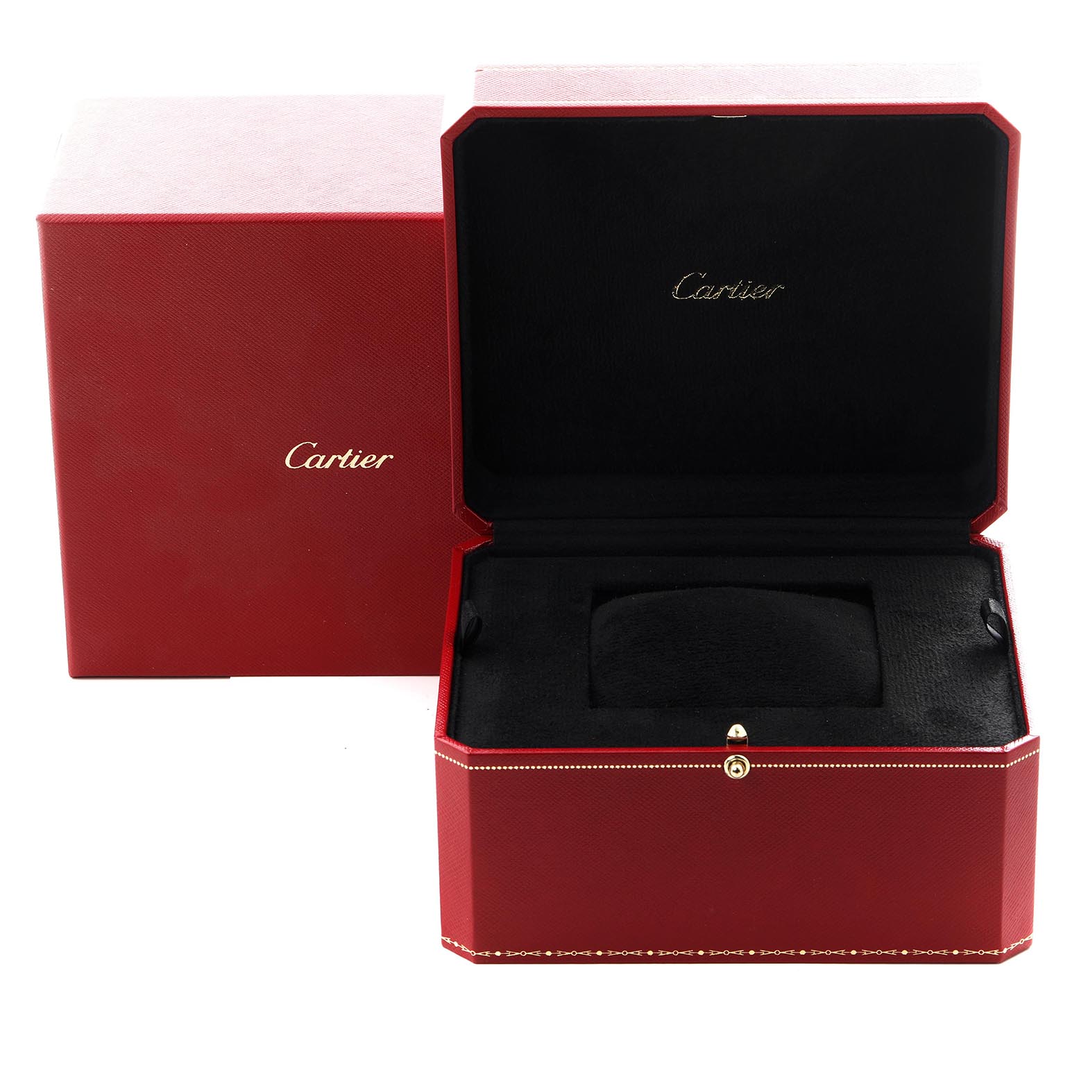 The image shows an open Cartier Tank Louis WGTA0011 Men's Rose Gold Silver Dial WGTA0011 Men's Rose Gold Silver Dial watch box and outer box, both in red with black interiors.