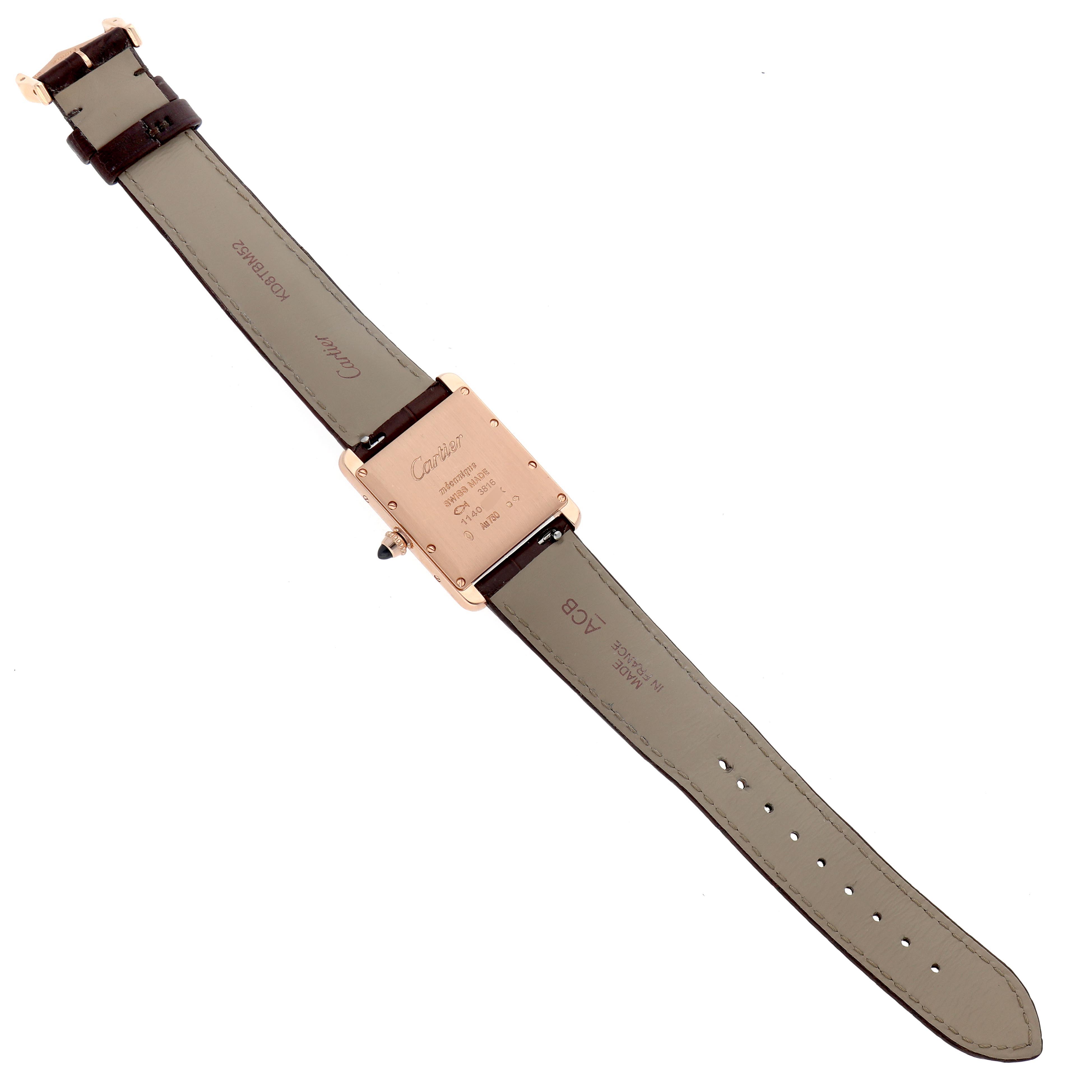 The Cartier Tank Louis WGTA0011 Men's Rose Gold Silver Dial WGTA0011 Men's Rose Gold Silver Dial watch is shown from the back, highlighting the case, lugs, and strap.