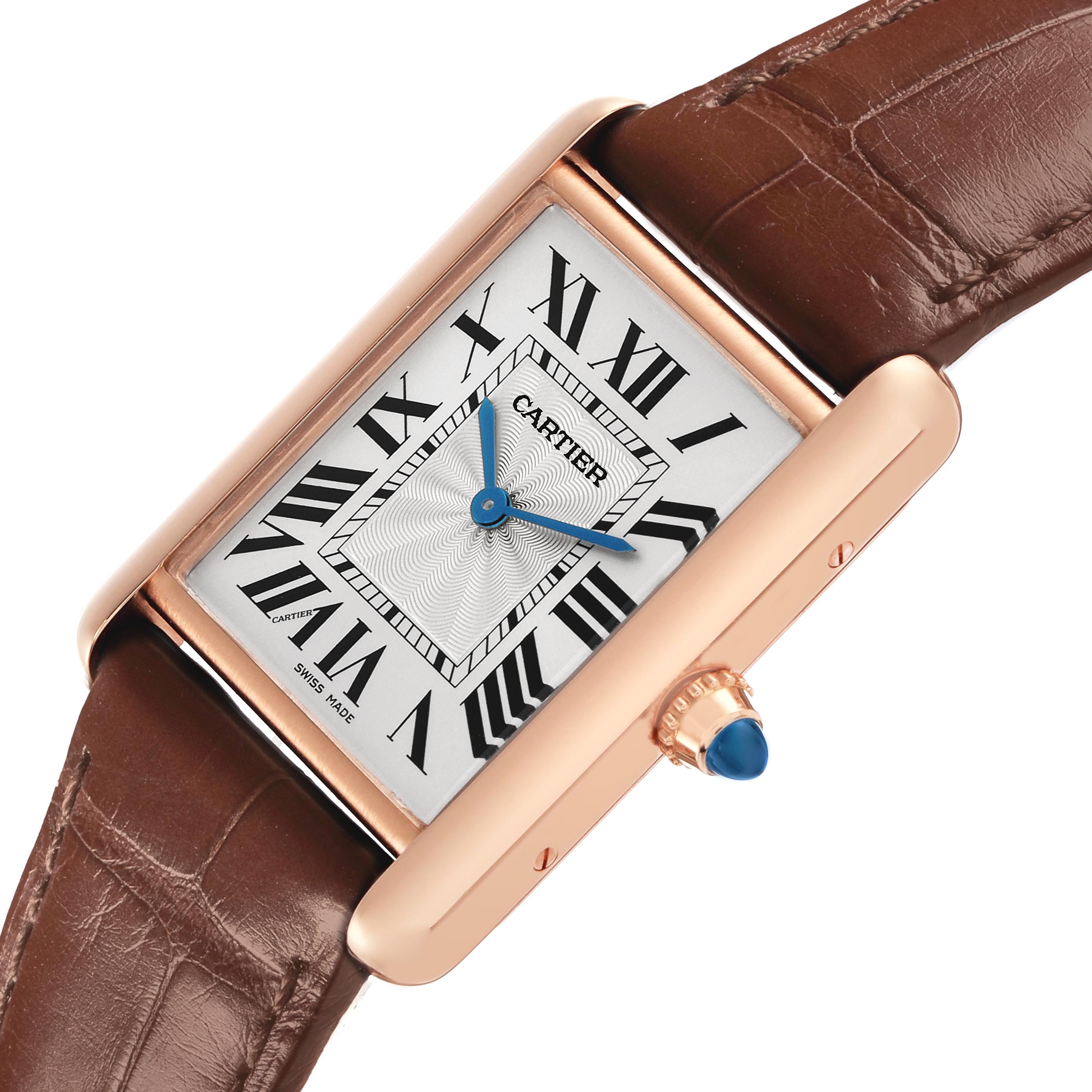 The Cartier Tank Louis WGTA0011 Men's Rose Gold Silver Dial WGTA0011 Men's Rose Gold Silver Dial watch is shown at a tilted angle, highlighting the dial, case, and brown leather strap.