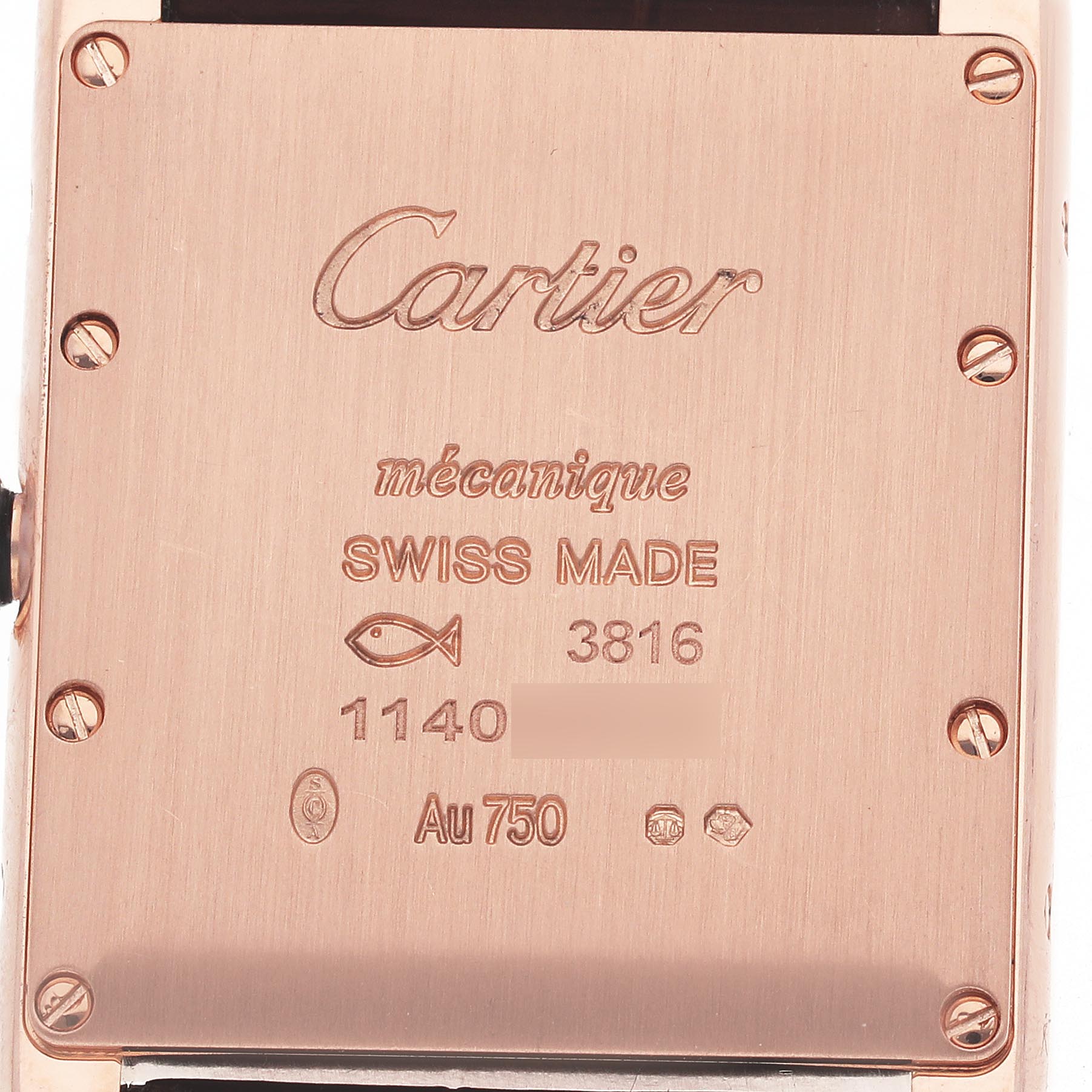 The image shows the back case of a Cartier Tank Louis WGTA0011 Men's Rose Gold Silver Dial WGTA0011 Men's Rose Gold Silver Dial watch, featuring engravings and screws.