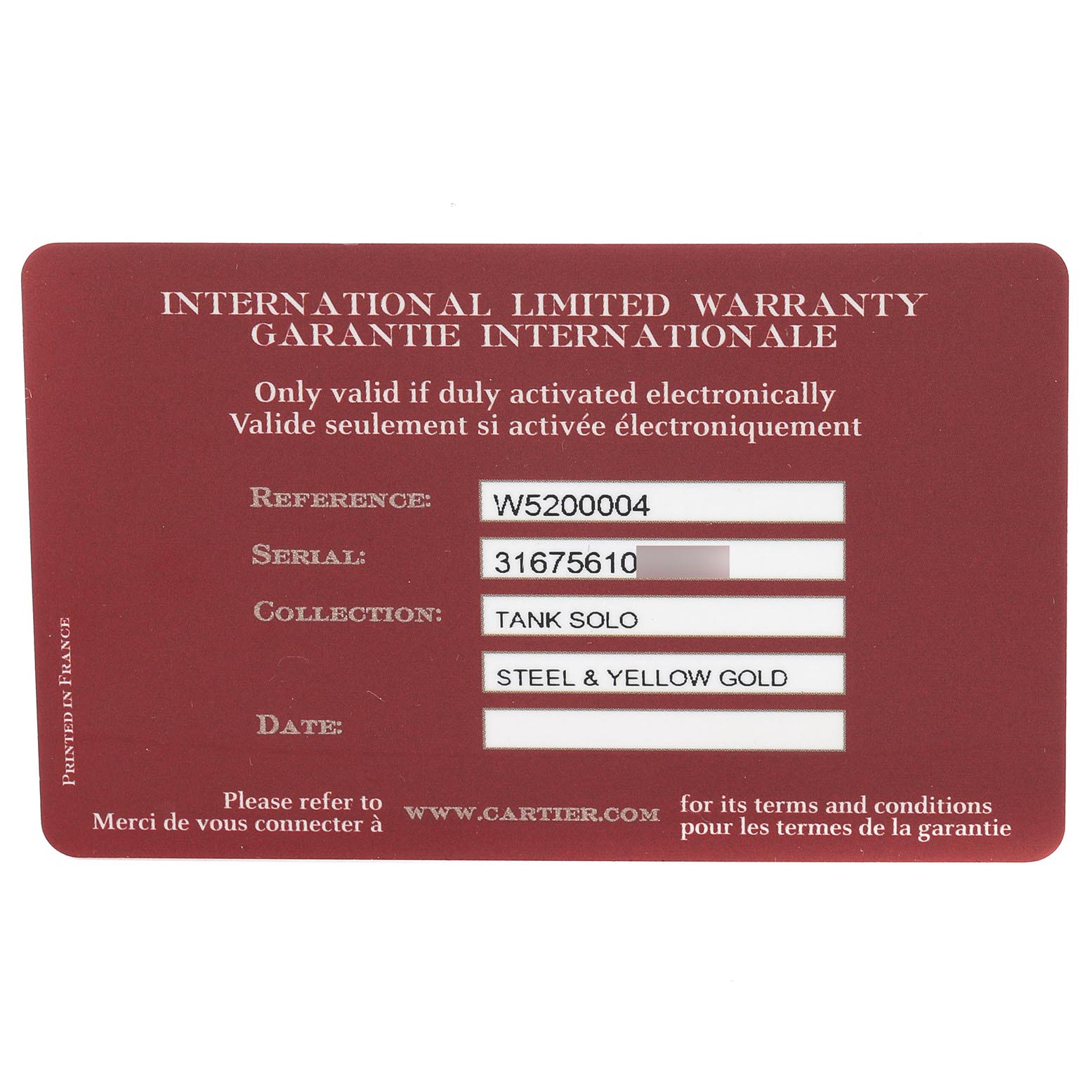 The image shows an International Limited Warranty card for the Cartier Tank Solo W5200004 Men
s Steel and Gold (two tone) Silver Dial W5200004 Men
s Steel and Gold (two tone) Silver Dial watch model.