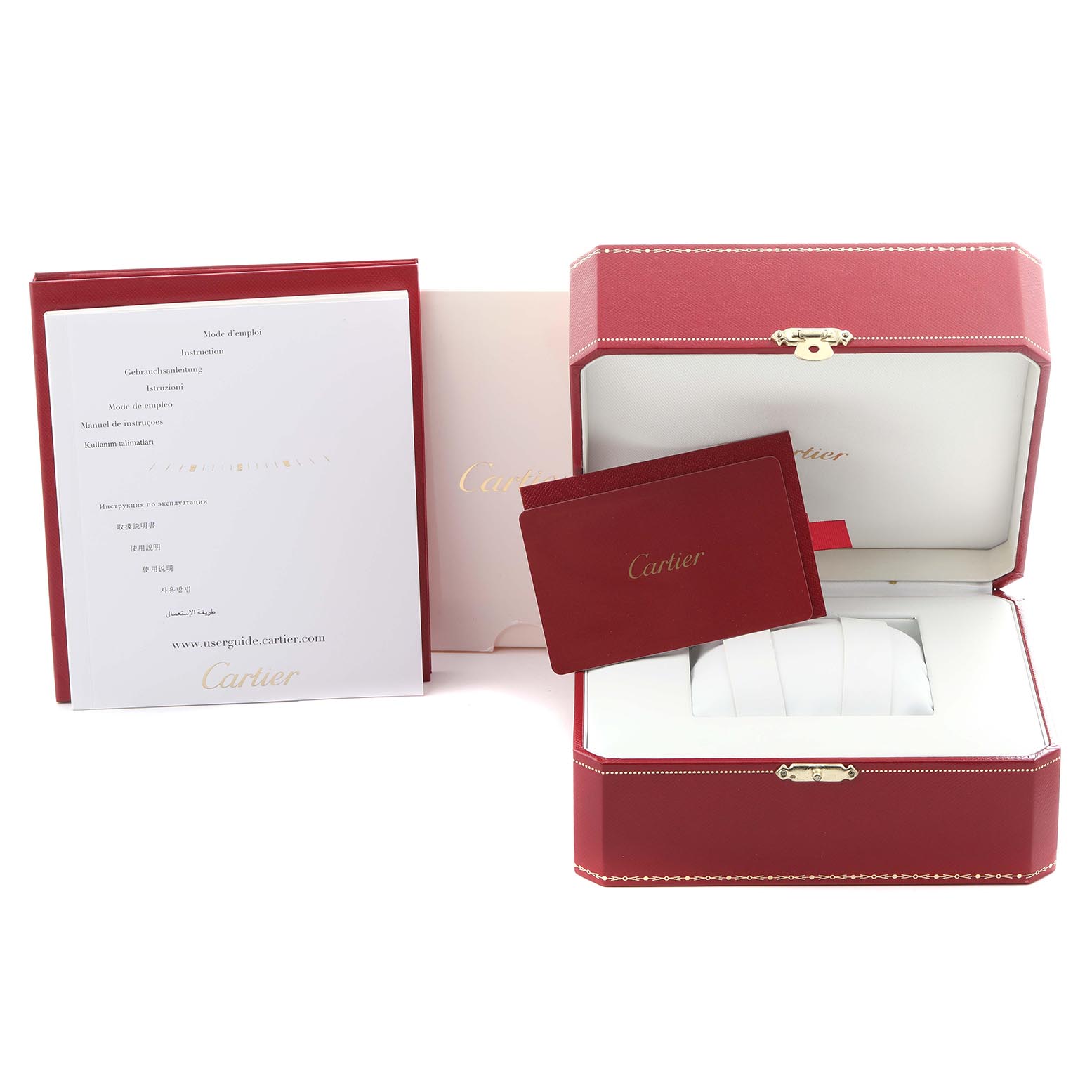 The image shows the packaging and documentation for a Cartier Tank Solo W5200004 Men
s Steel and Gold (two tone) Silver Dial W5200004 Men
s Steel and Gold (two tone) Silver Dial watch, including a red box, manuals, and a card.