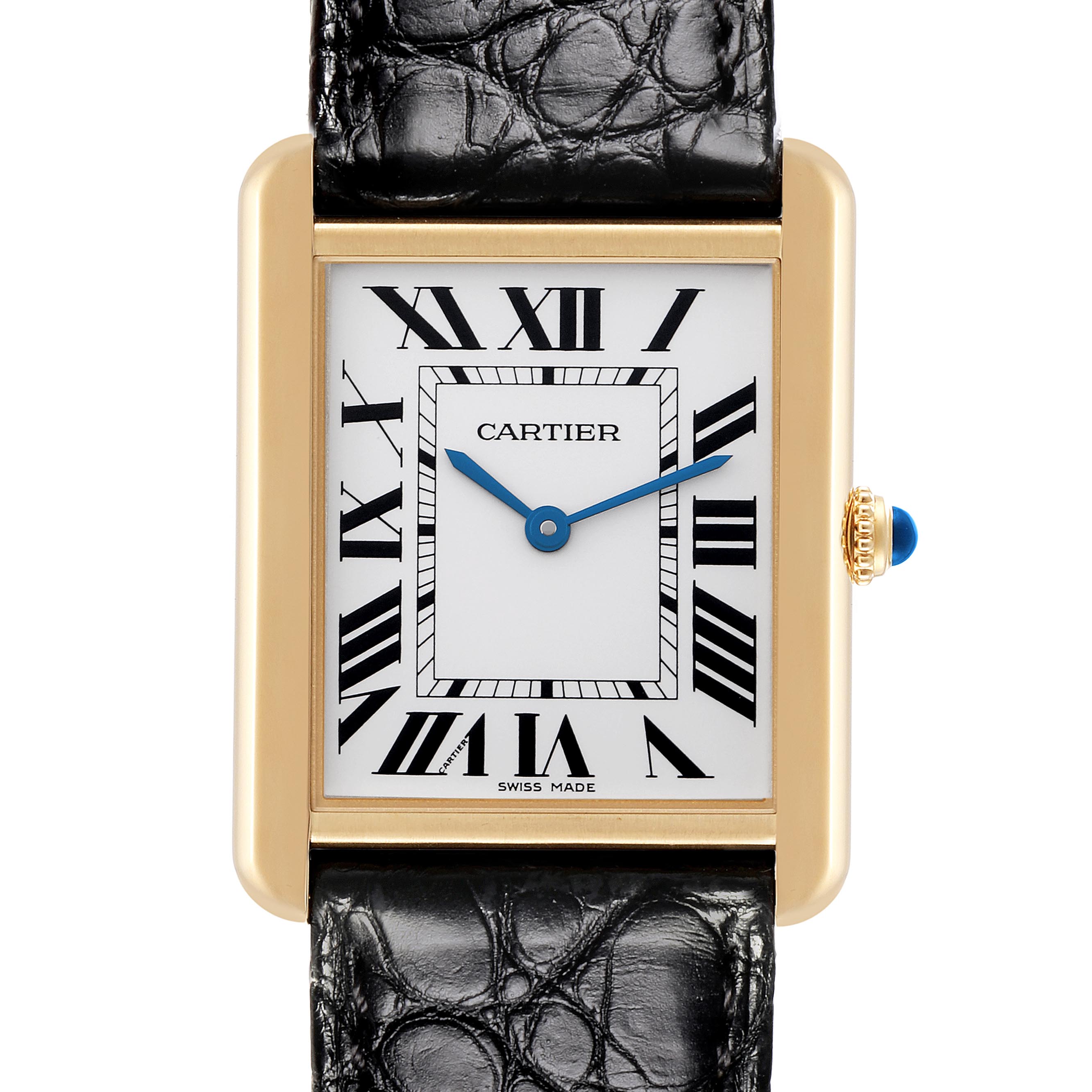 The Cartier Tank Solo W5200004 Men
s Steel and Gold (two tone) Silver Dial W5200004 Men
s Steel and Gold (two tone) Silver Dial watch is shown from the front, highlighting the rectangular face, Roman numerals, and leather strap.