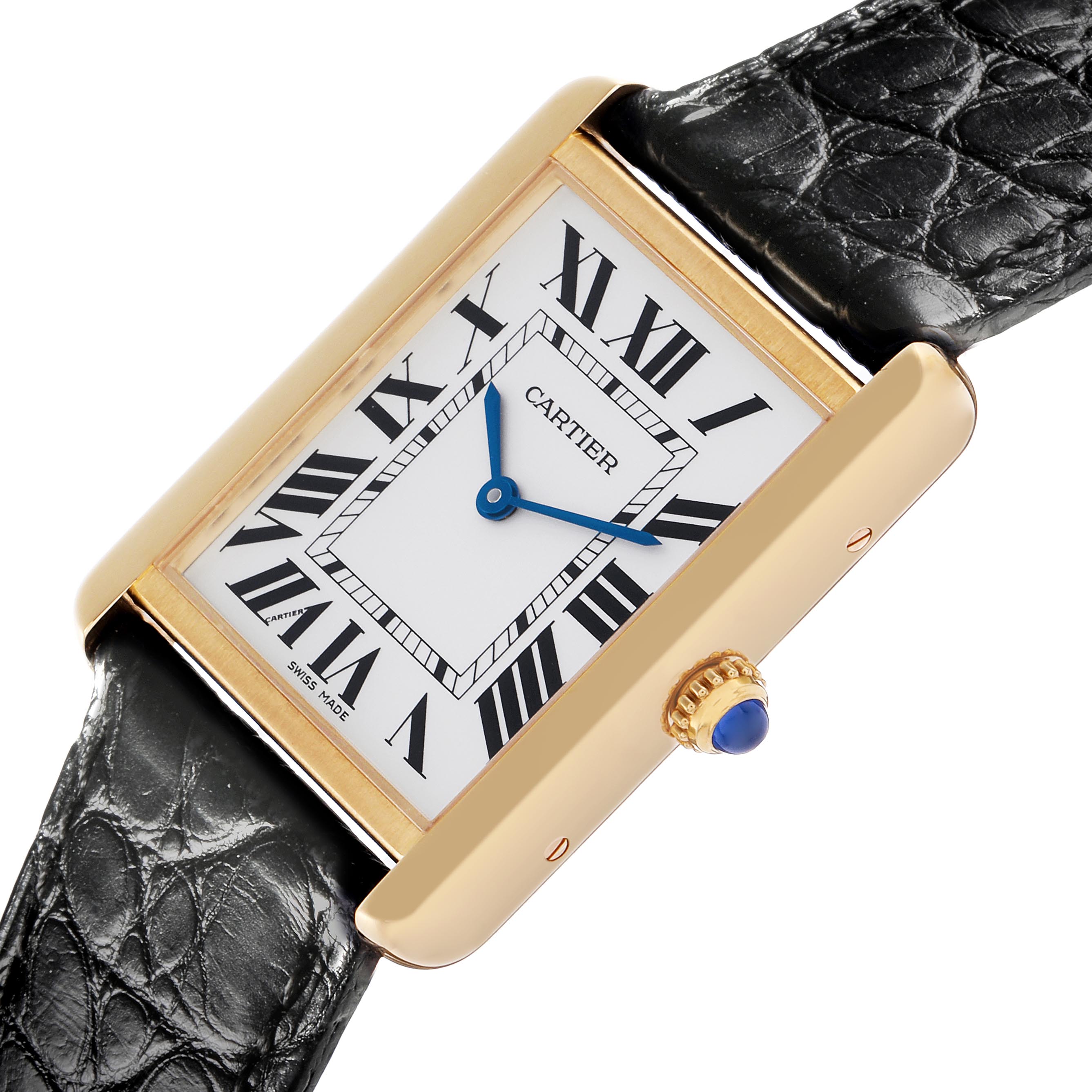 The Cartier Tank Solo W5200004 Men
s Steel and Gold (two tone) Silver Dial W5200004 Men
s Steel and Gold (two tone) Silver Dial watch is shown from an angled top view, highlighting the rectangular face, Roman numerals, blue hands, and crown.