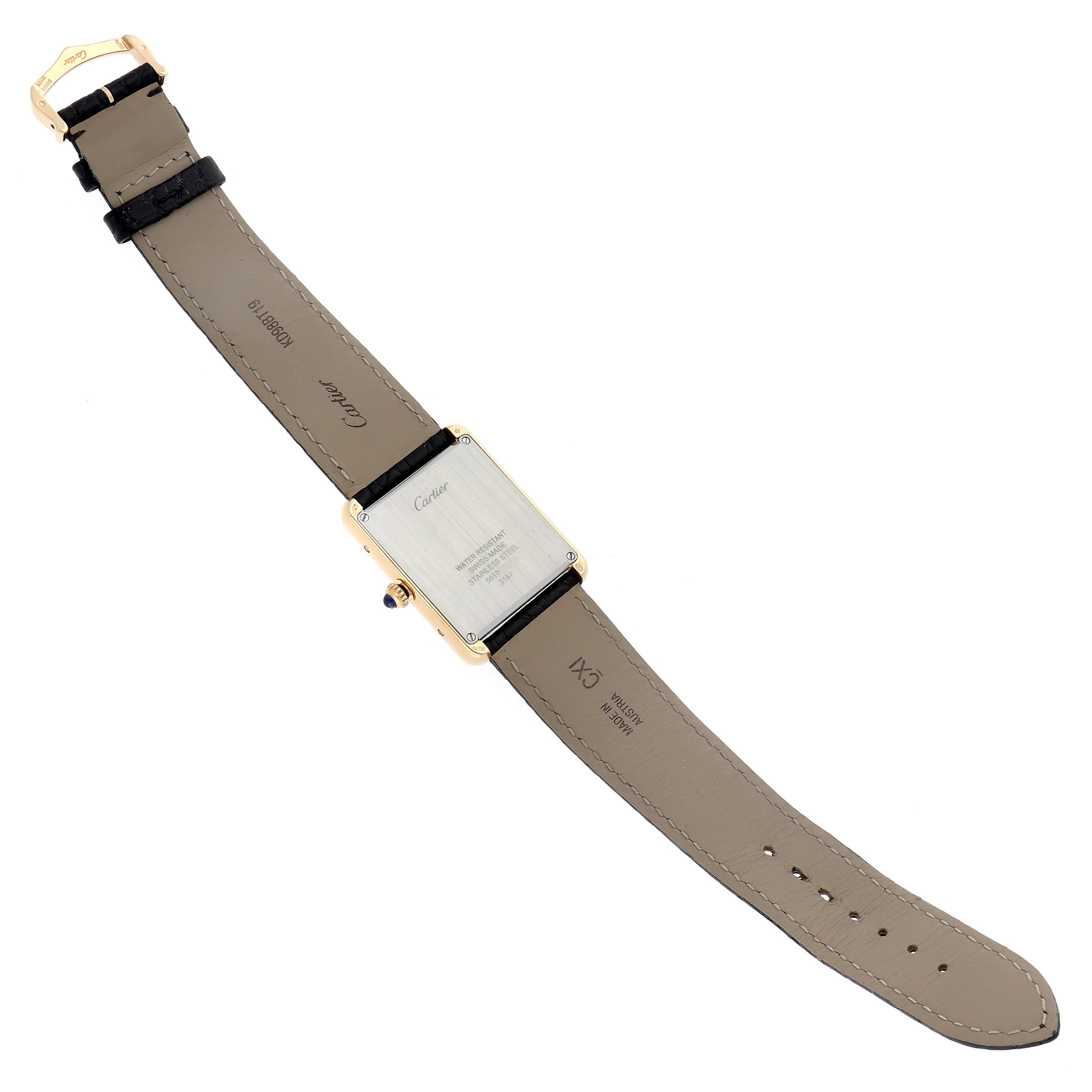 This image shows the back view of a Cartier Tank Solo W5200004 Men
s Steel and Gold (two tone) Silver Dial W5200004 Men
s Steel and Gold (two tone) Silver Dial watch, highlighting the case back, strap, and buckle.