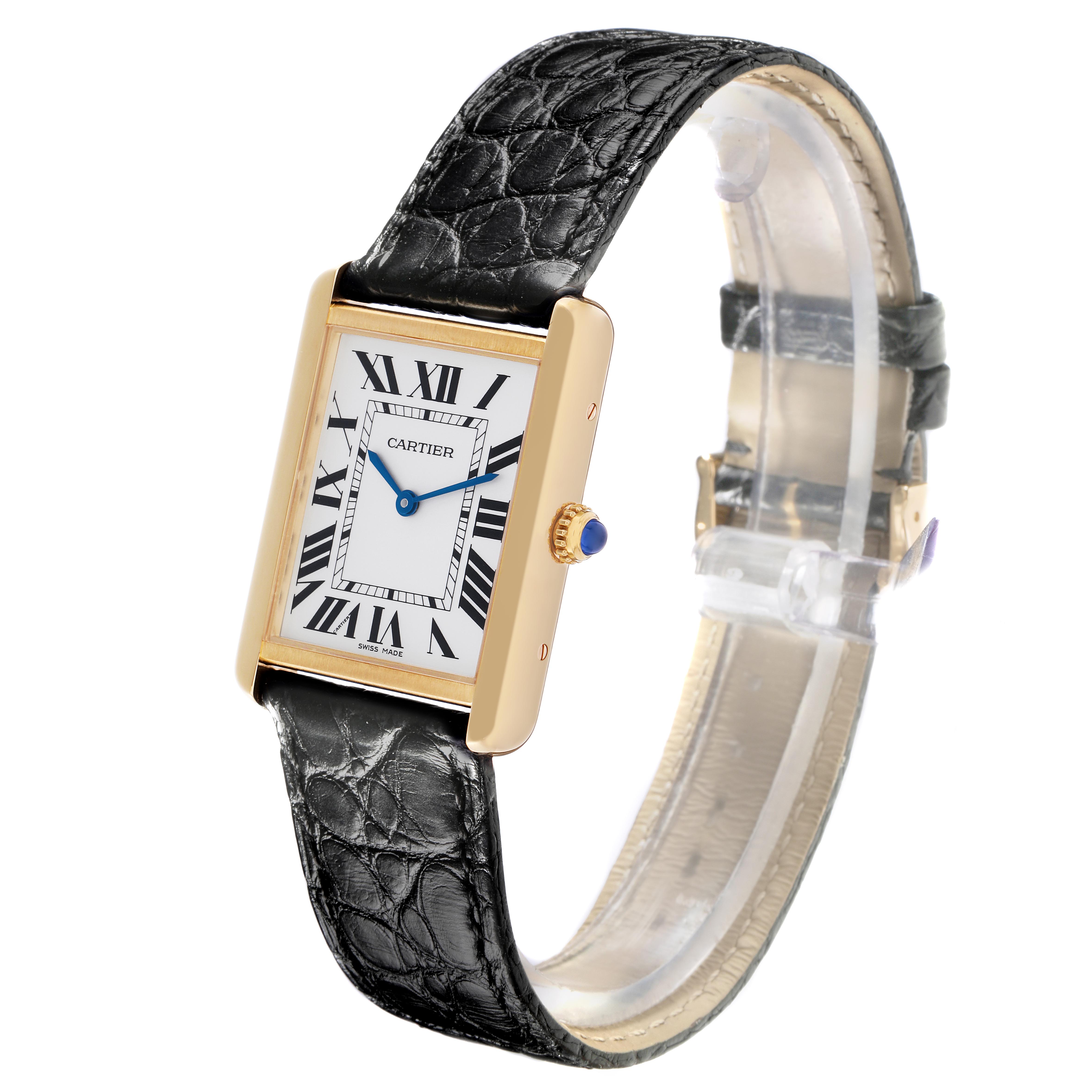 The Cartier Tank Solo W5200004 Men
s Steel and Gold (two tone) Silver Dial W5200004 Men
s Steel and Gold (two tone) Silver Dial watch is shown at a three-quarter angle, highlighting the rectangular case, Roman numeral dial, and leather strap.