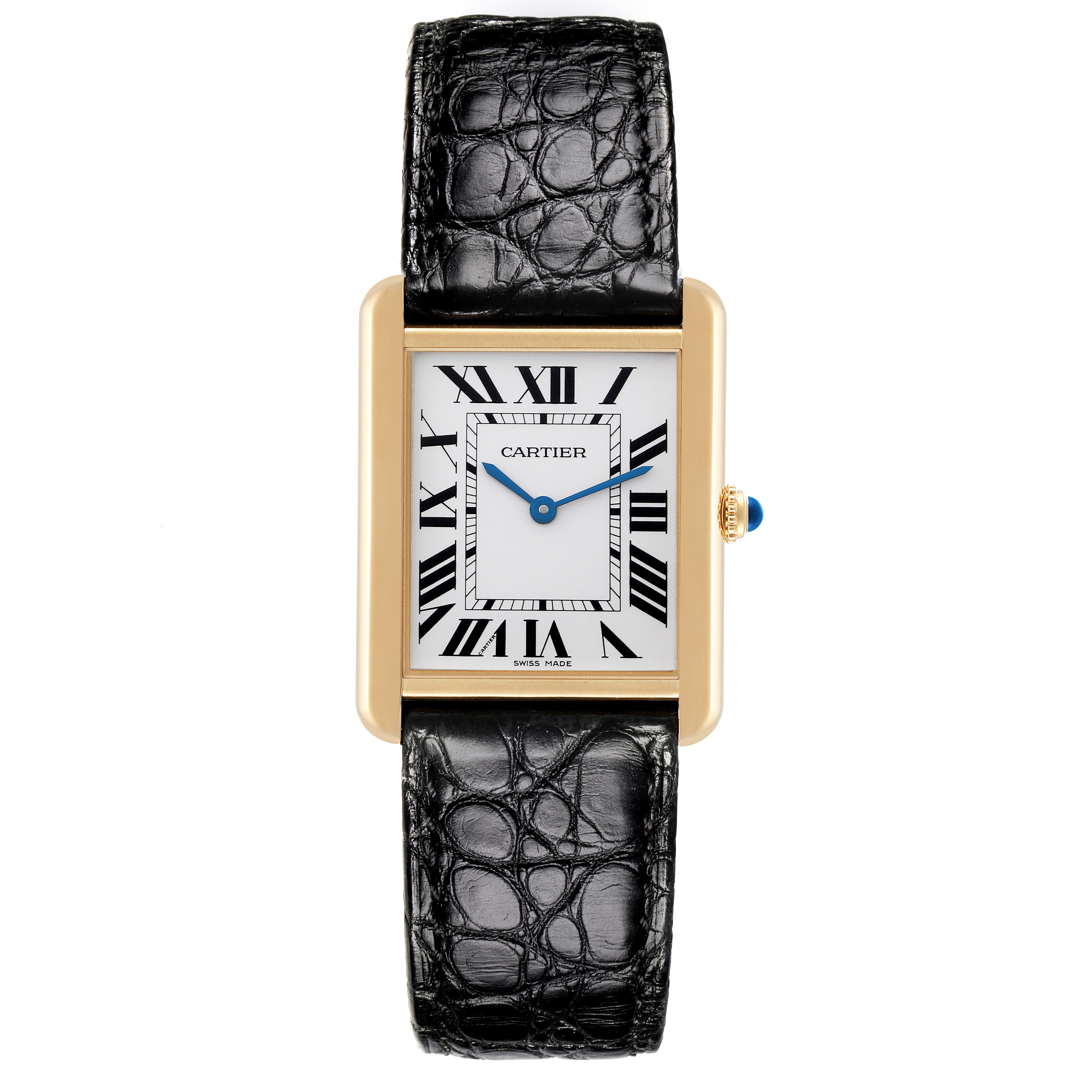 The Cartier Tank Solo W5200004 Men
s Steel and Gold (two tone) Silver Dial W5200004 Men
s Steel and Gold (two tone) Silver Dial watch is shown from a front angle, displaying its face, bezel, crown, and leather strap.