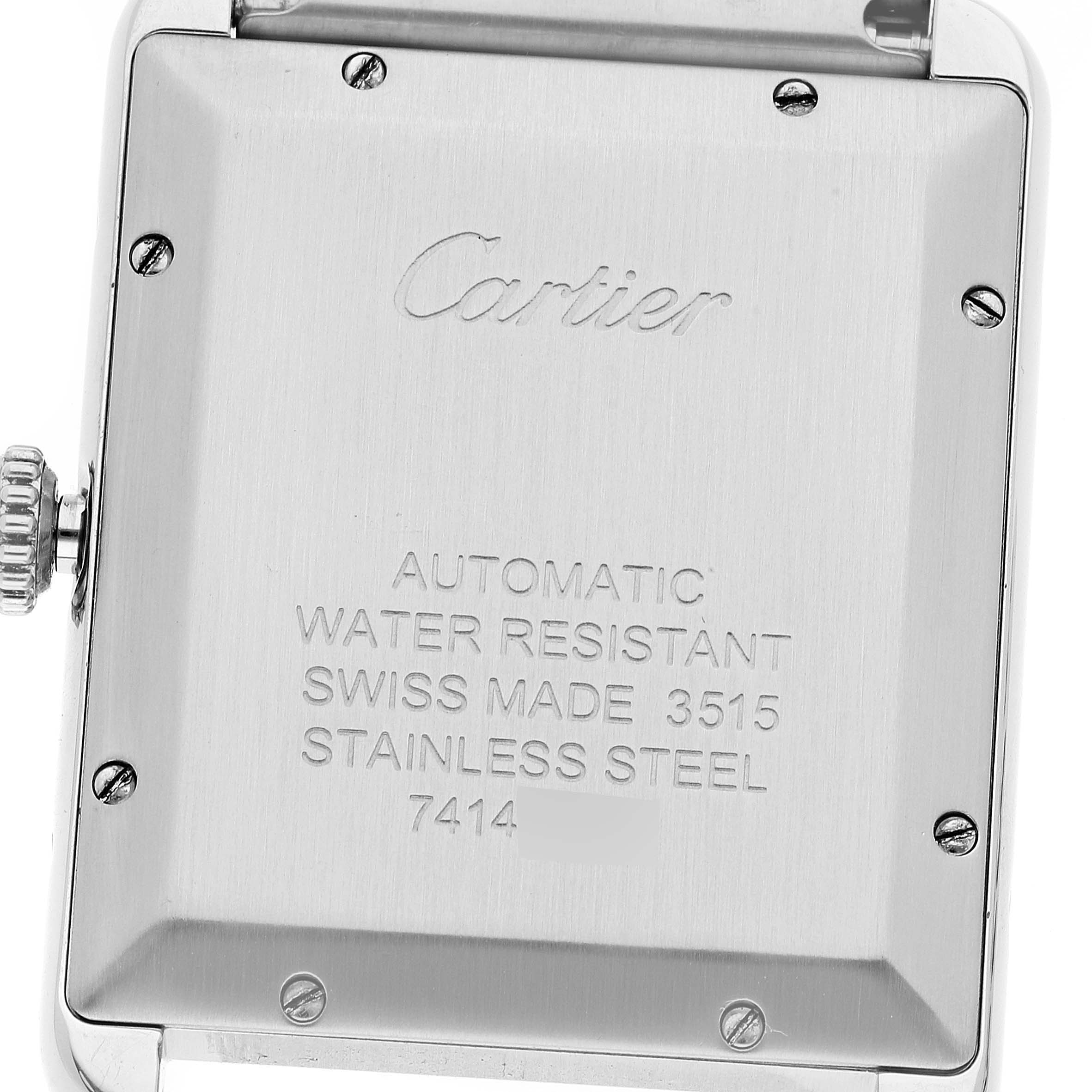 The image shows the back of a Cartier Tank Solo W5200028 Men's Stainless Steel Silver Dial W5200028 Men's Stainless Steel Silver Dial watch, displaying its engravings and details.