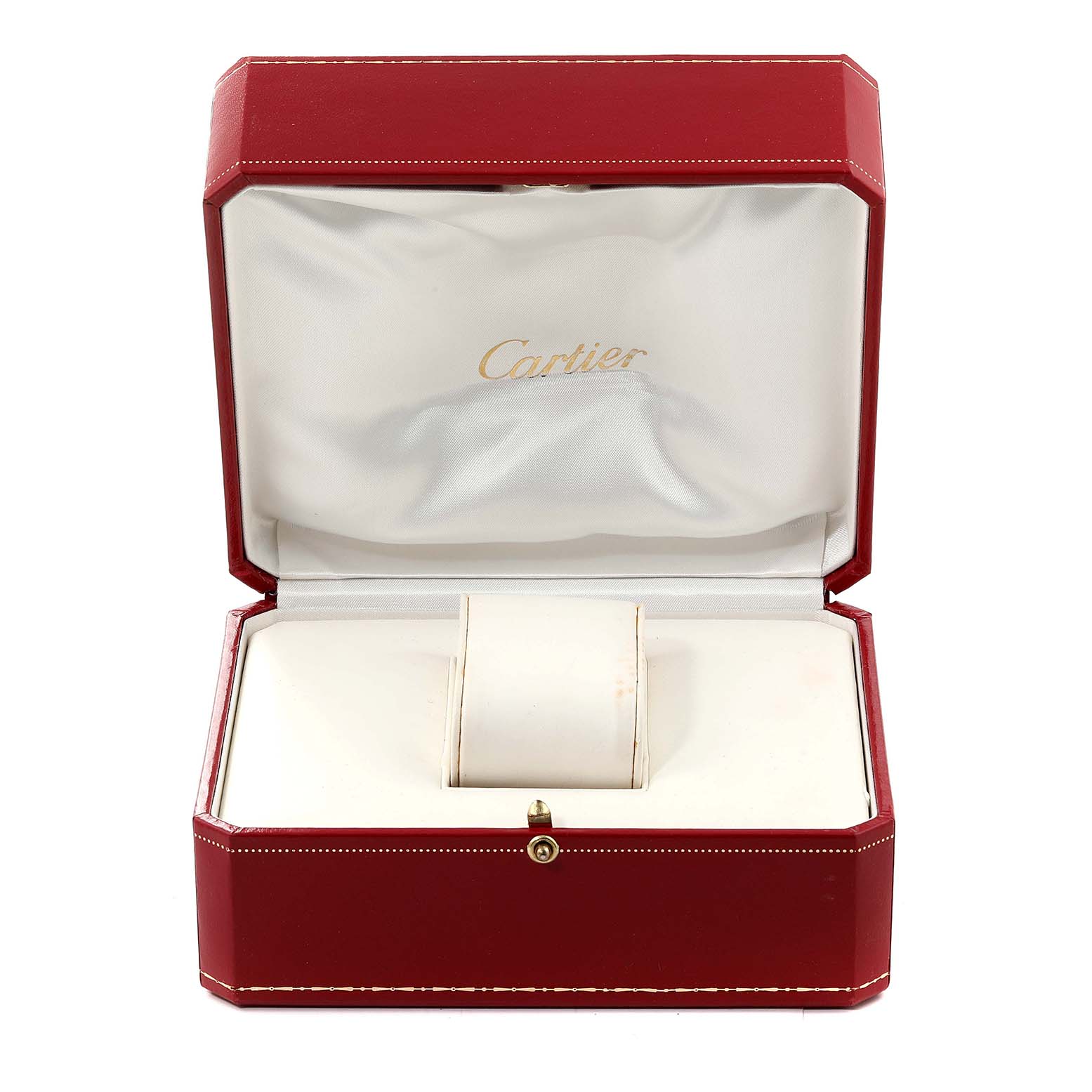 The image shows an open red Cartier box for a Tank Solo model watch, displaying its cushion and interior.