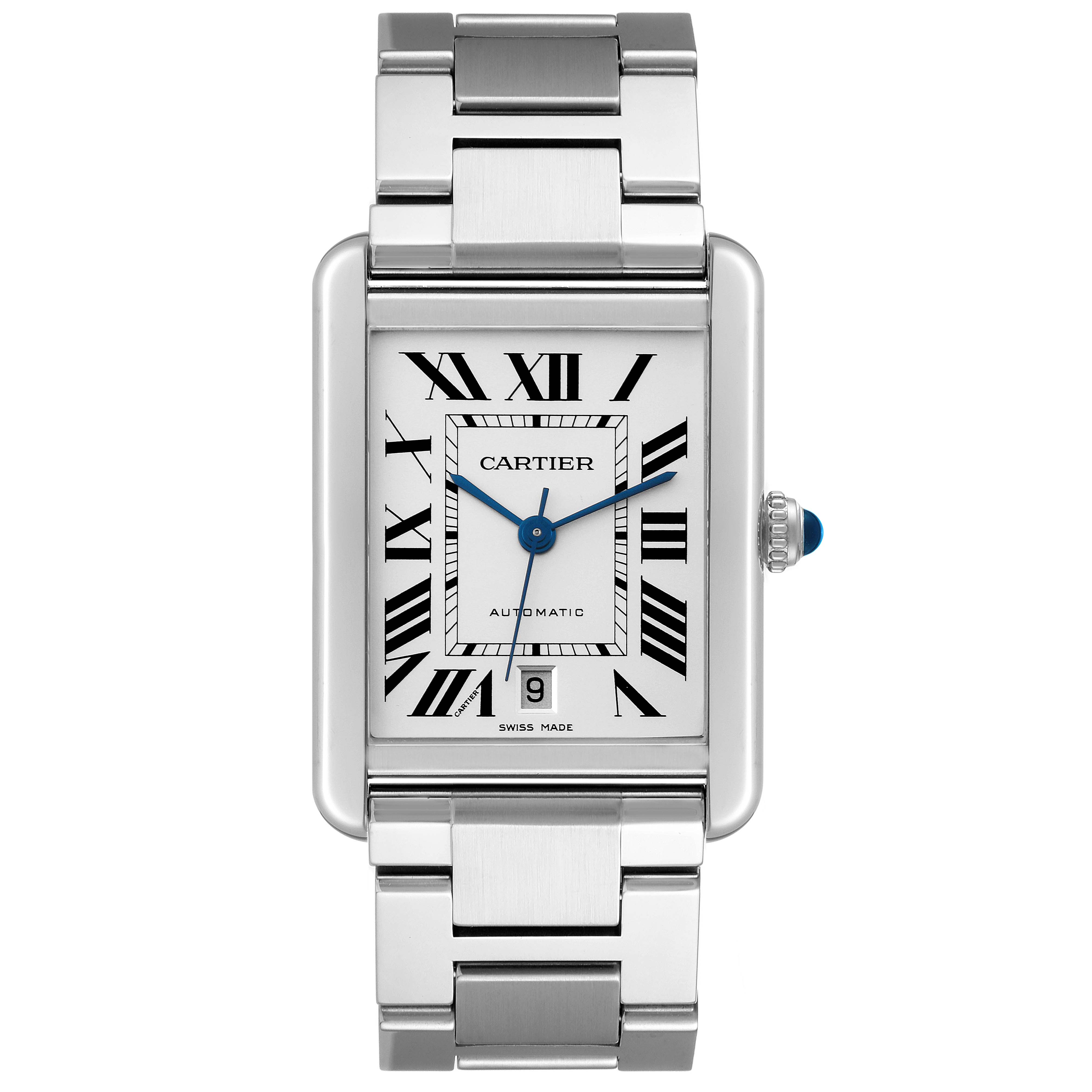 The Cartier Tank Solo W5200028 Men's Stainless Steel Silver Dial W5200028 Men's Stainless Steel Silver Dial watch is shown from a top-down angle, displaying its face, case, and part of the bracelet.